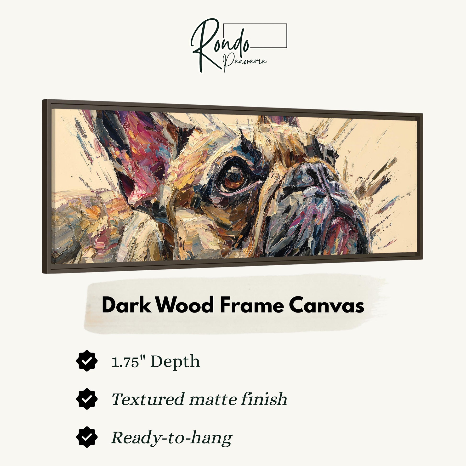 The image is a close-up of a dog's face in a dark wood frame, with a text box below it providing information about the frame.