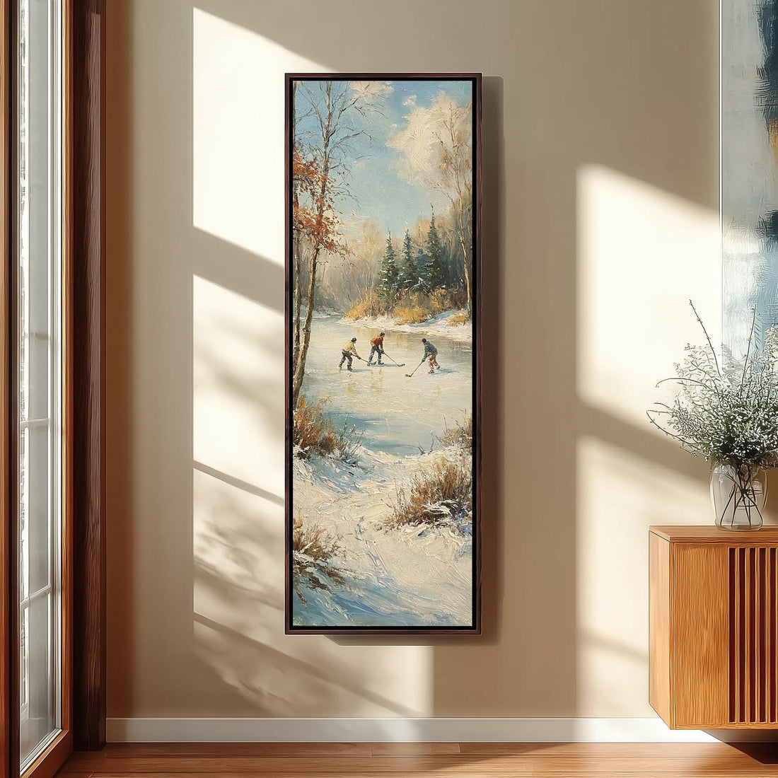 Kids playing hockey on a frozen river long vertical canvas print in a sunlit living space