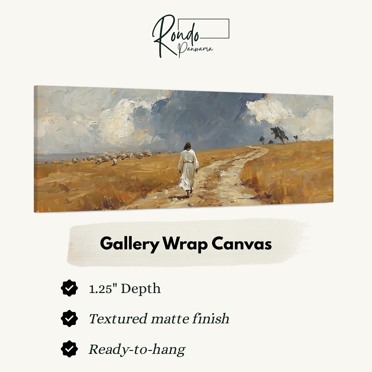 Jesus walking a field path with grazing sheep gallery wrap canvas with the image wrapped around the edges