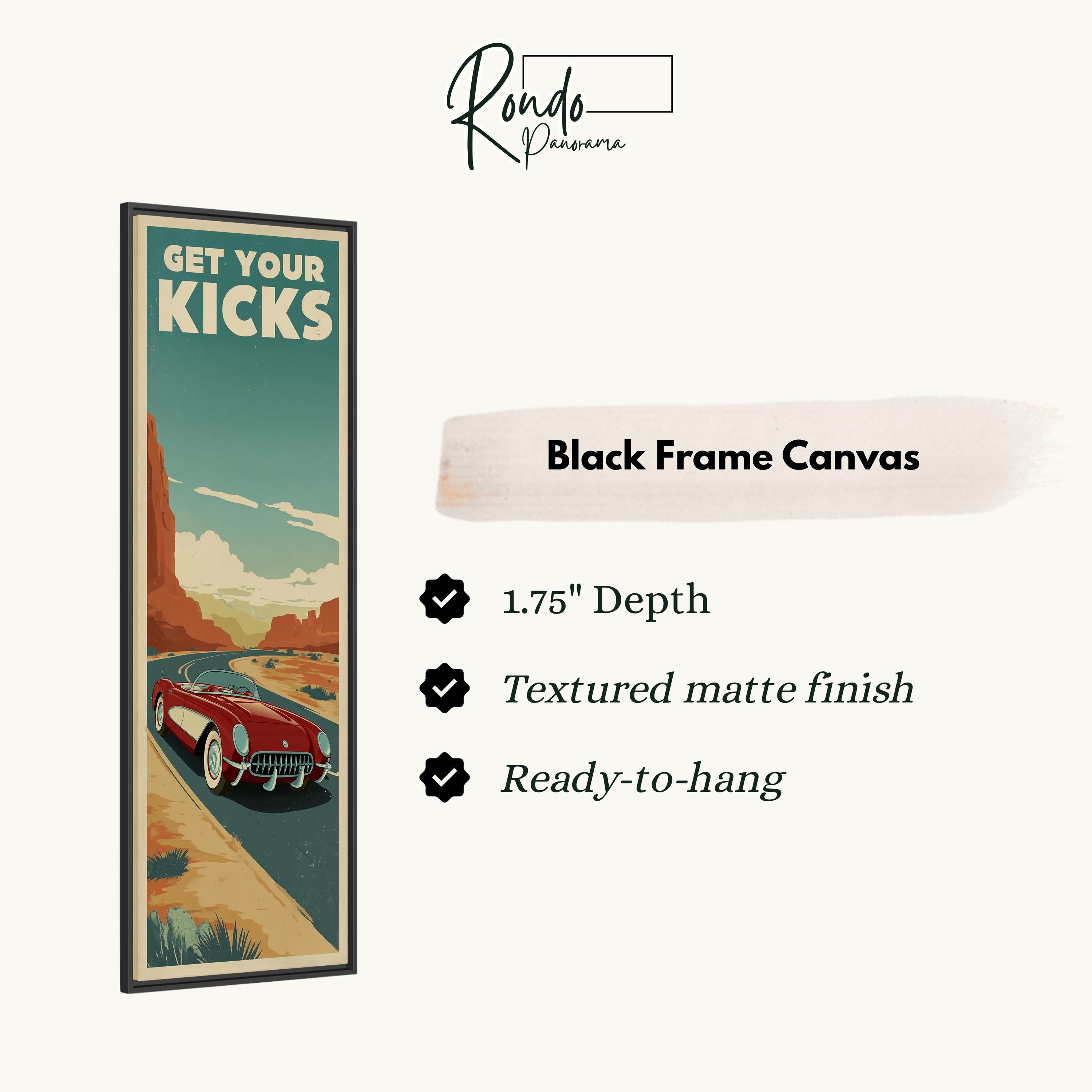 The image is a framed poster with a vintage-style illustration of a red car on a road, along with text that reads "GET YOUR KICKS" and "Black Frame Canvas".