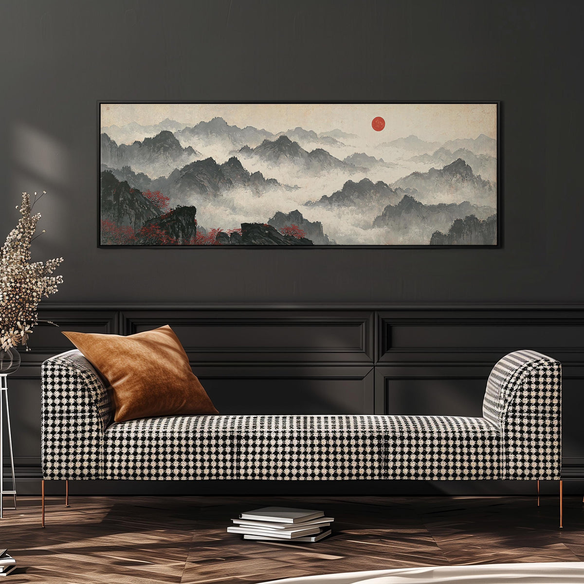 Misty ink mountains under a red sun wide panoramic canvas print above a bench in a dark living room