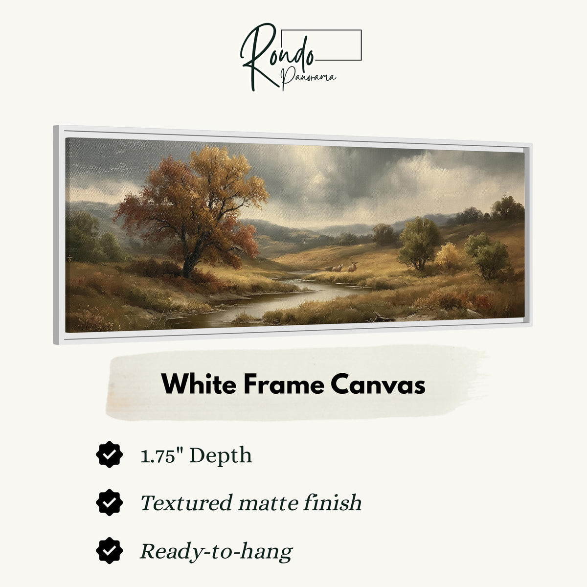 Autumn river valley under a stormy sky canvas print in a white floating frame