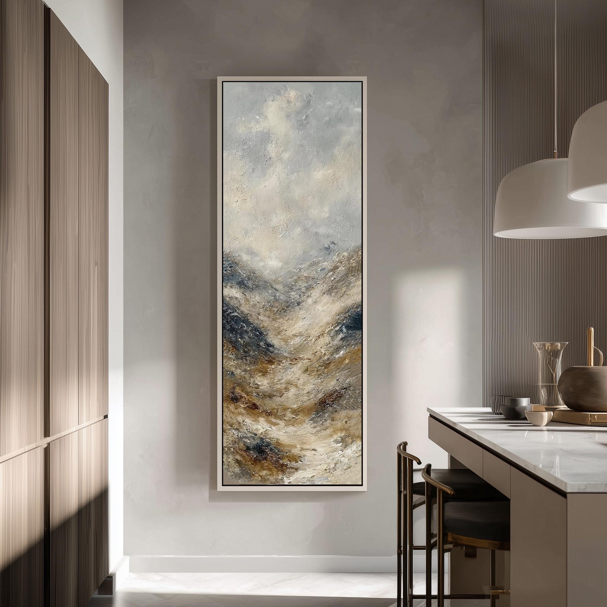 a large, abstract painting hanging on a wall in a modern, minimalist kitchen.