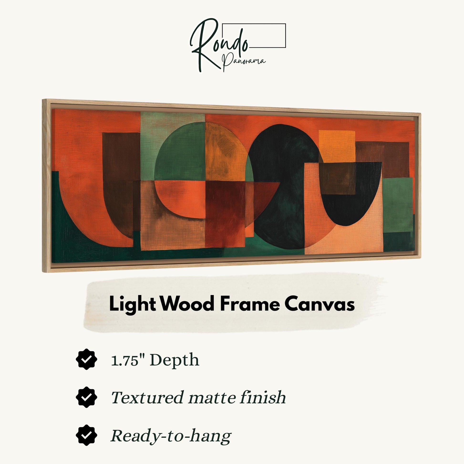 The image is a product advertisement for a light wood frame canvas. It features a large abstract painting with a variety of colors and shapes, and provides information about the dimensions and features of the canvas.