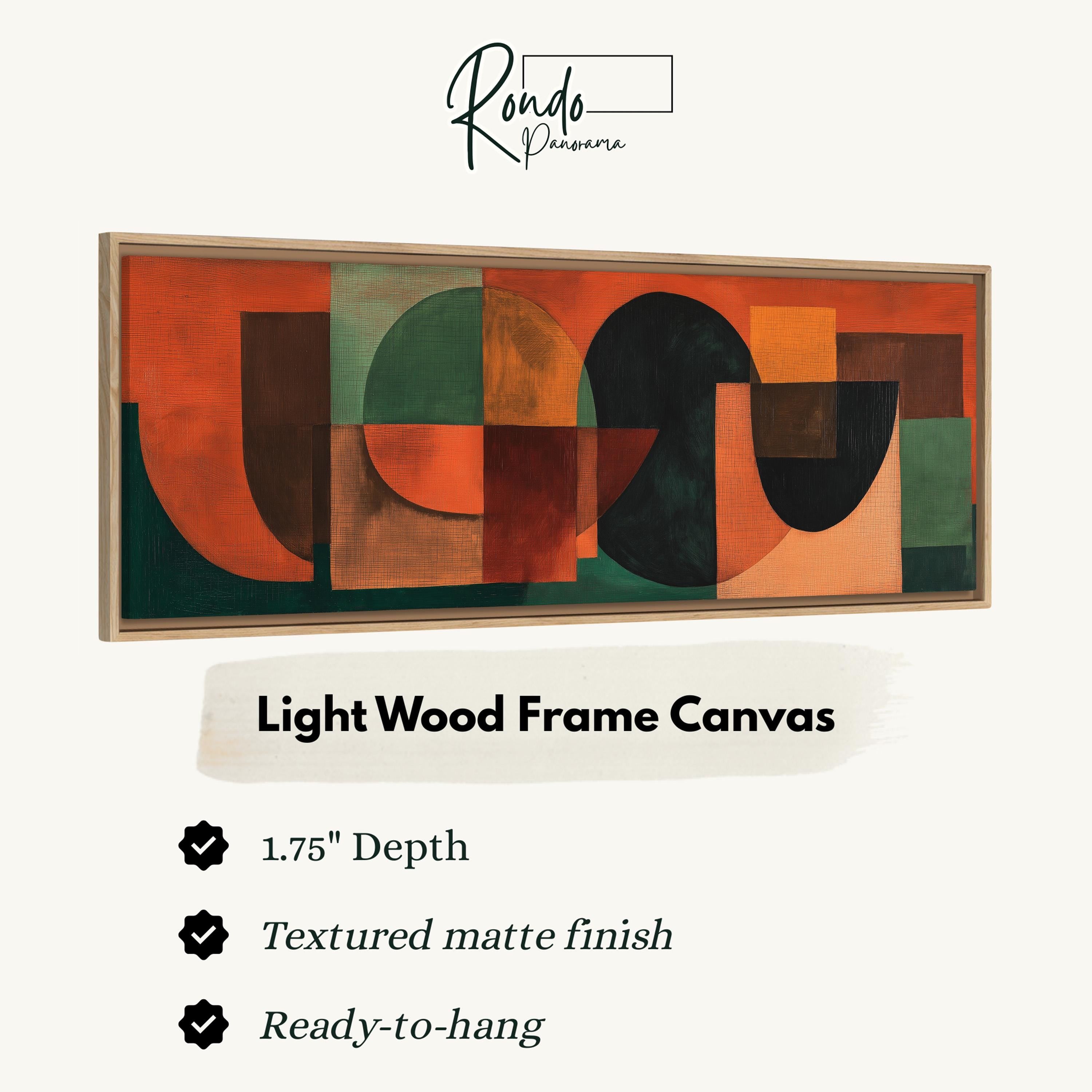 The image is a product advertisement for a light wood frame canvas. It features a large abstract painting with a variety of colors and shapes, and provides information about the dimensions and features of the canvas.