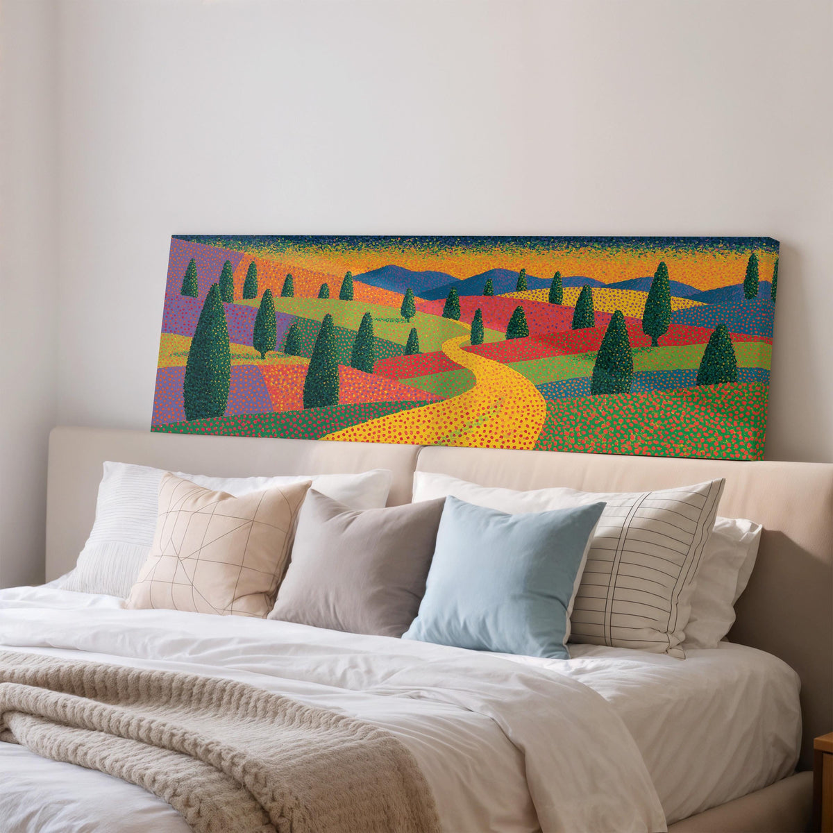 Cypress valley with a winding road wide panoramic canvas print above a bed in a bedroom