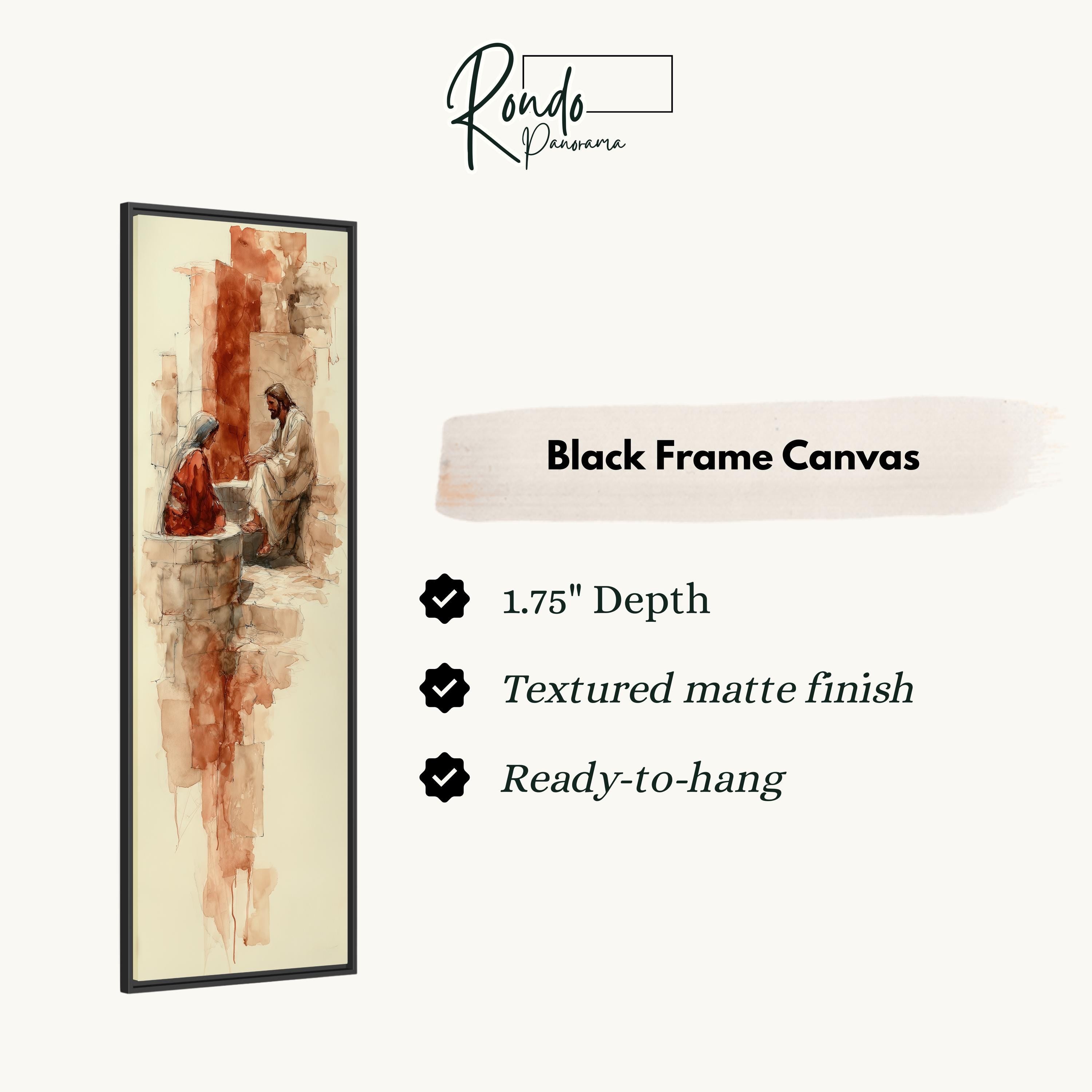 The image is a black frame canvas depicting a painting of a man and a woman sitting together.