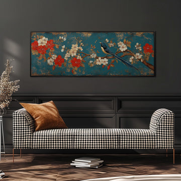 a black and white checkered sofa with a brown throw pillow, set against a dark wall with a large floral painting hanging above it.