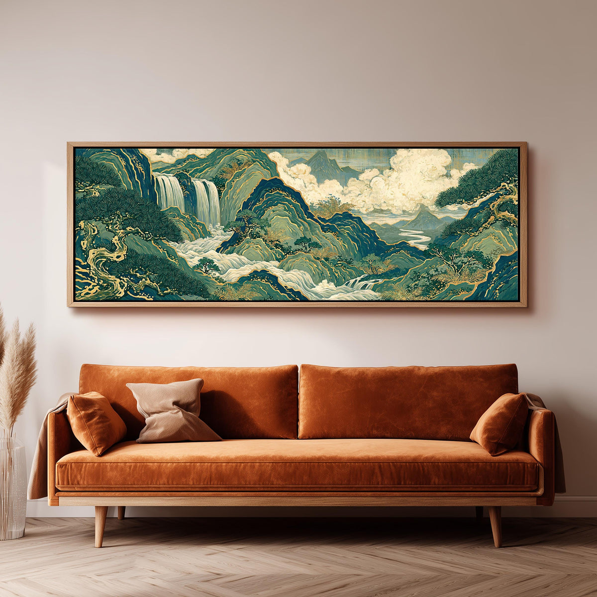 Emerald waterfall mountains with gold lines panoramic canvas print above a sofa in a living room