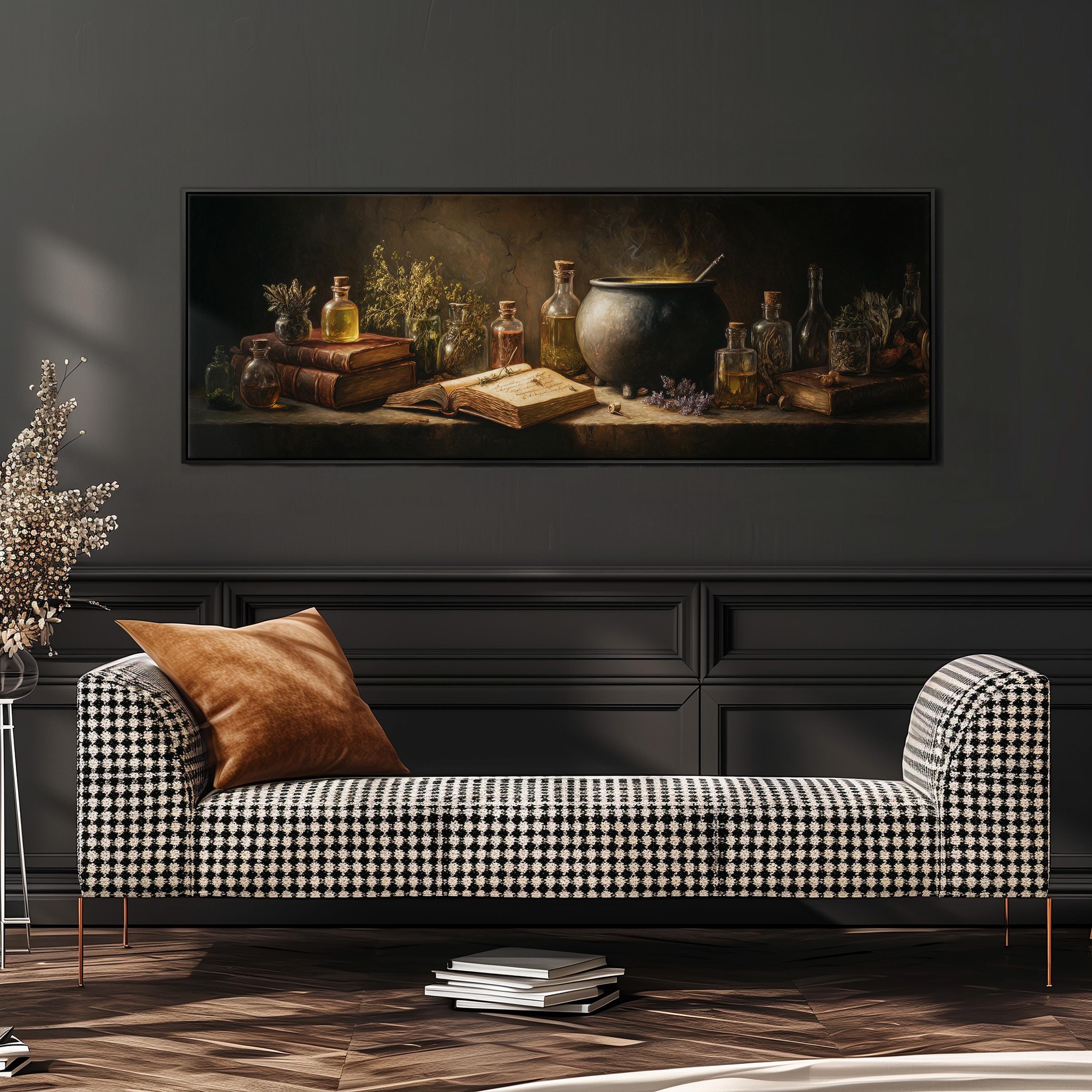 a cozy living room with a black and white checkered sofa, a stack of books, and a large painting of various bottles and jars on a shelf above the sofa.
