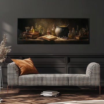 a cozy living room with a black and white checkered sofa, a stack of books, and a large painting of various bottles and jars on a shelf above the sofa.
