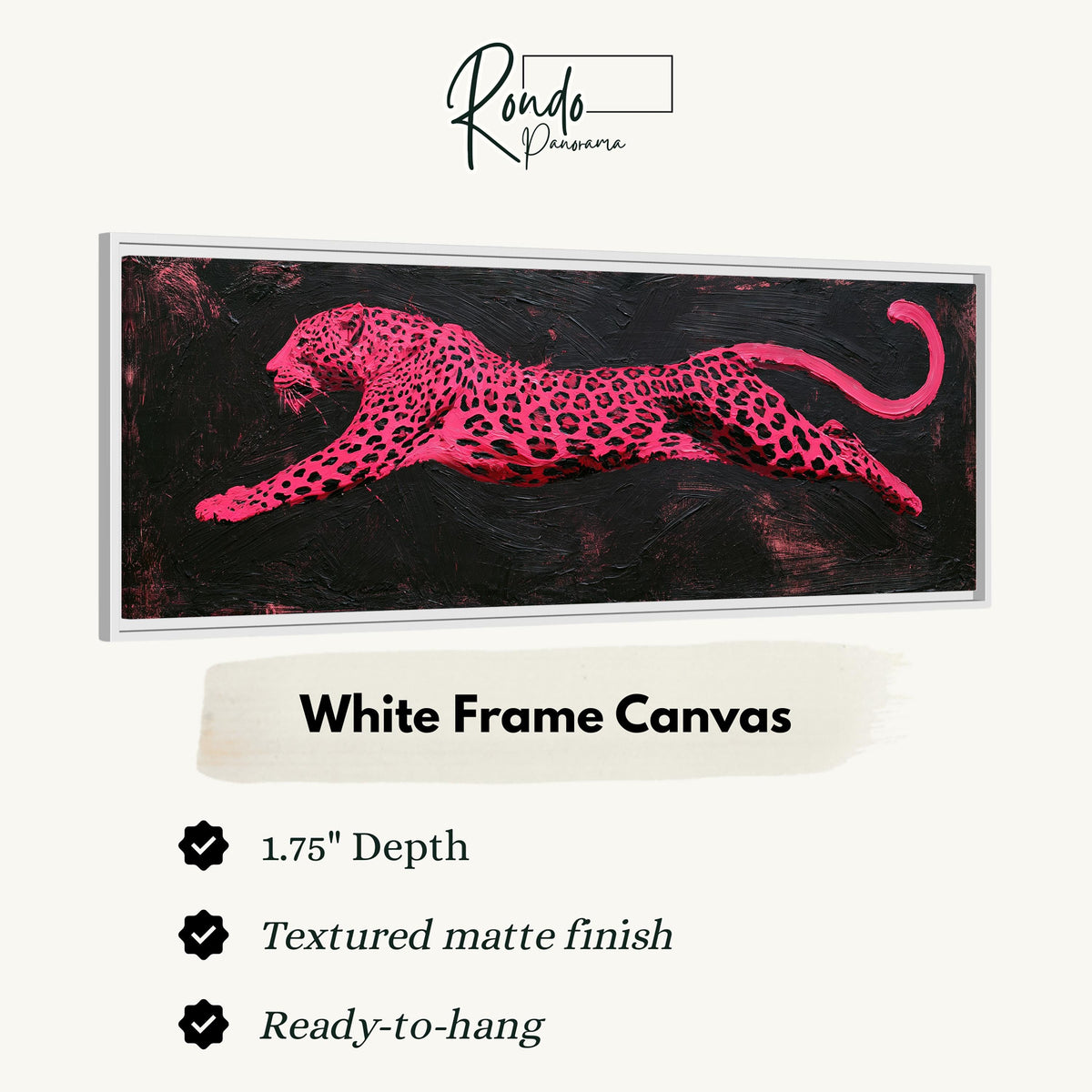 Pink leaping leopard canvas print in a white floating frame