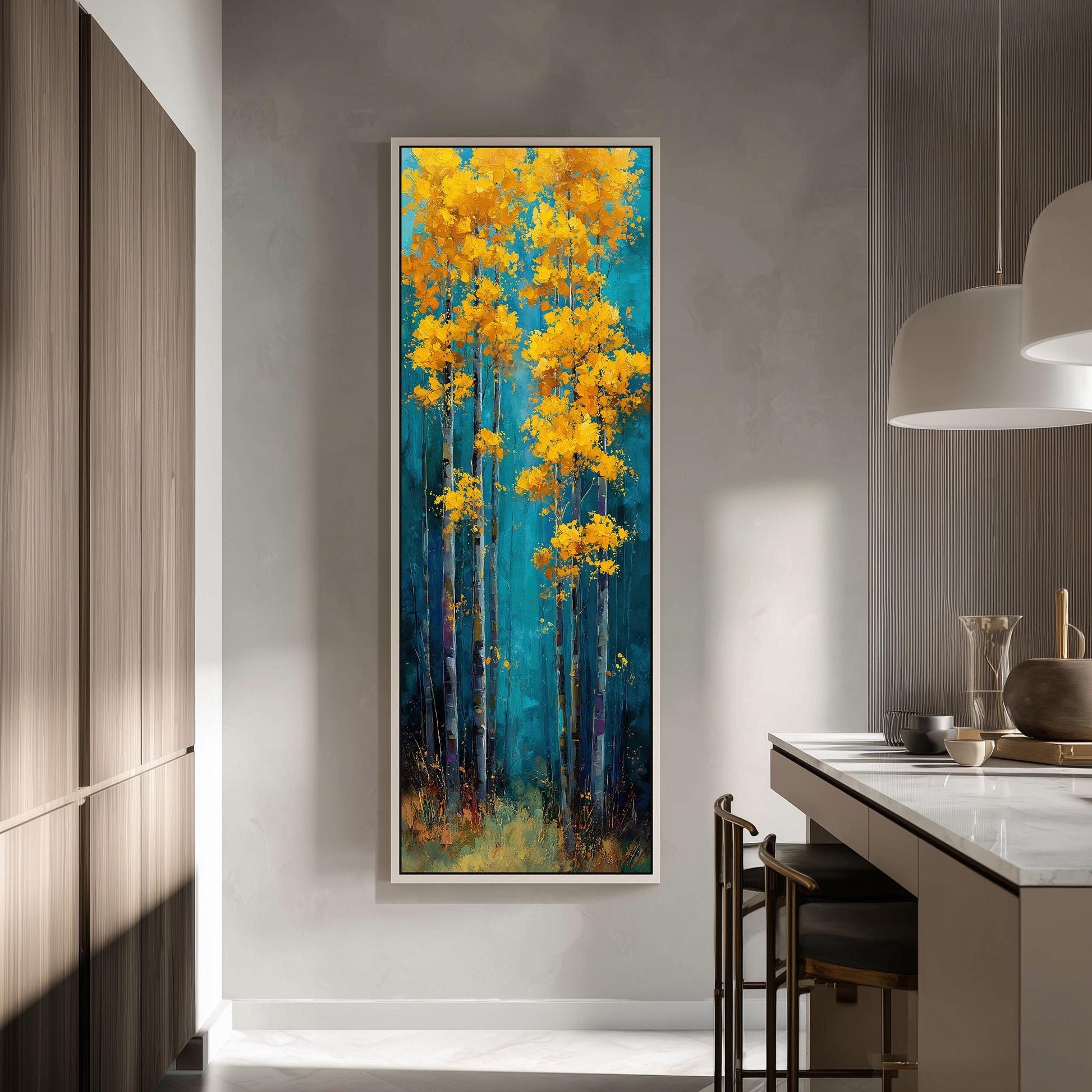 a large, vibrant painting of a forest scene with tall trees in shades of yellow and blue, hanging on a wall in a modern kitchen.