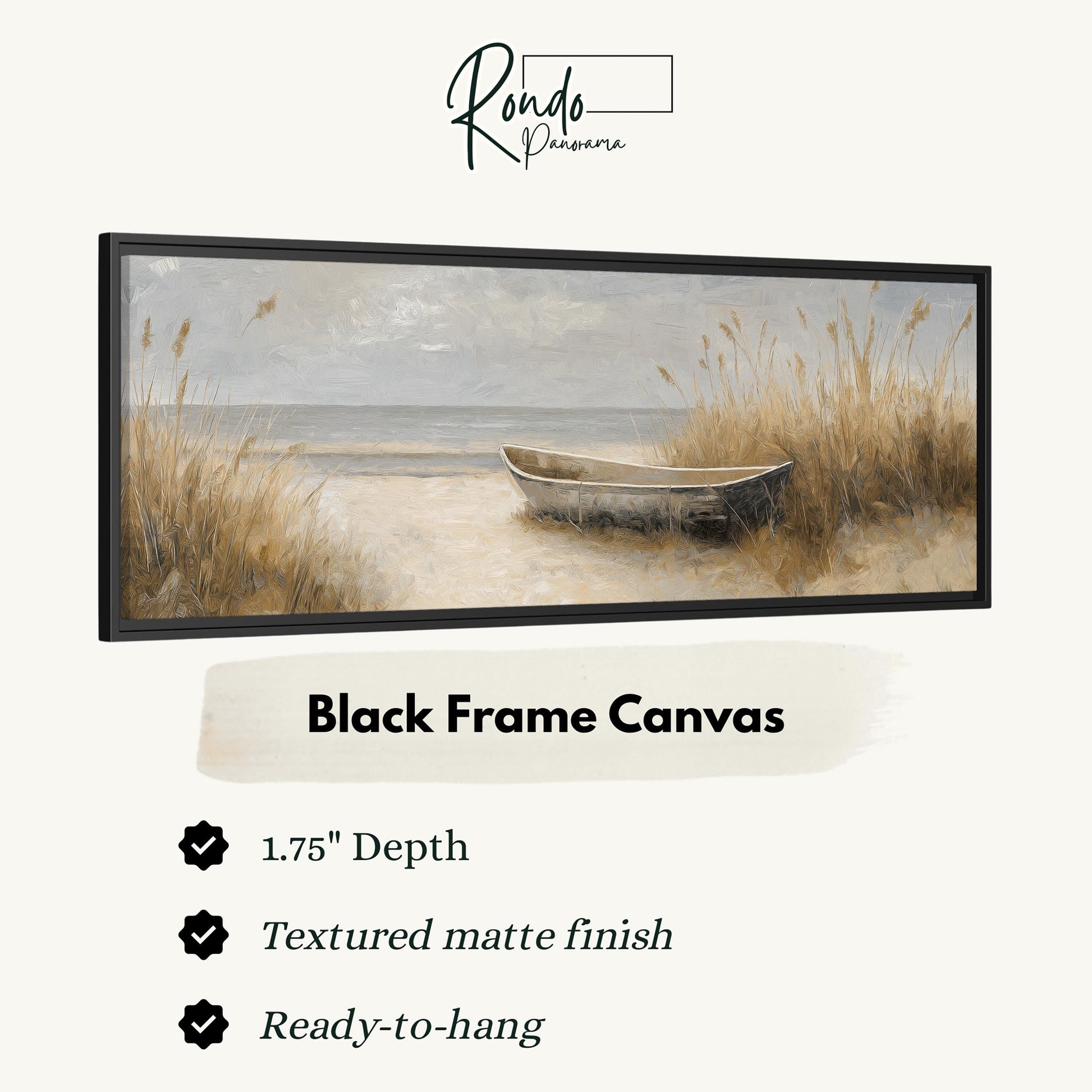The image is a black frame canvas depicting a boat on a beach with tall grasses in the background.