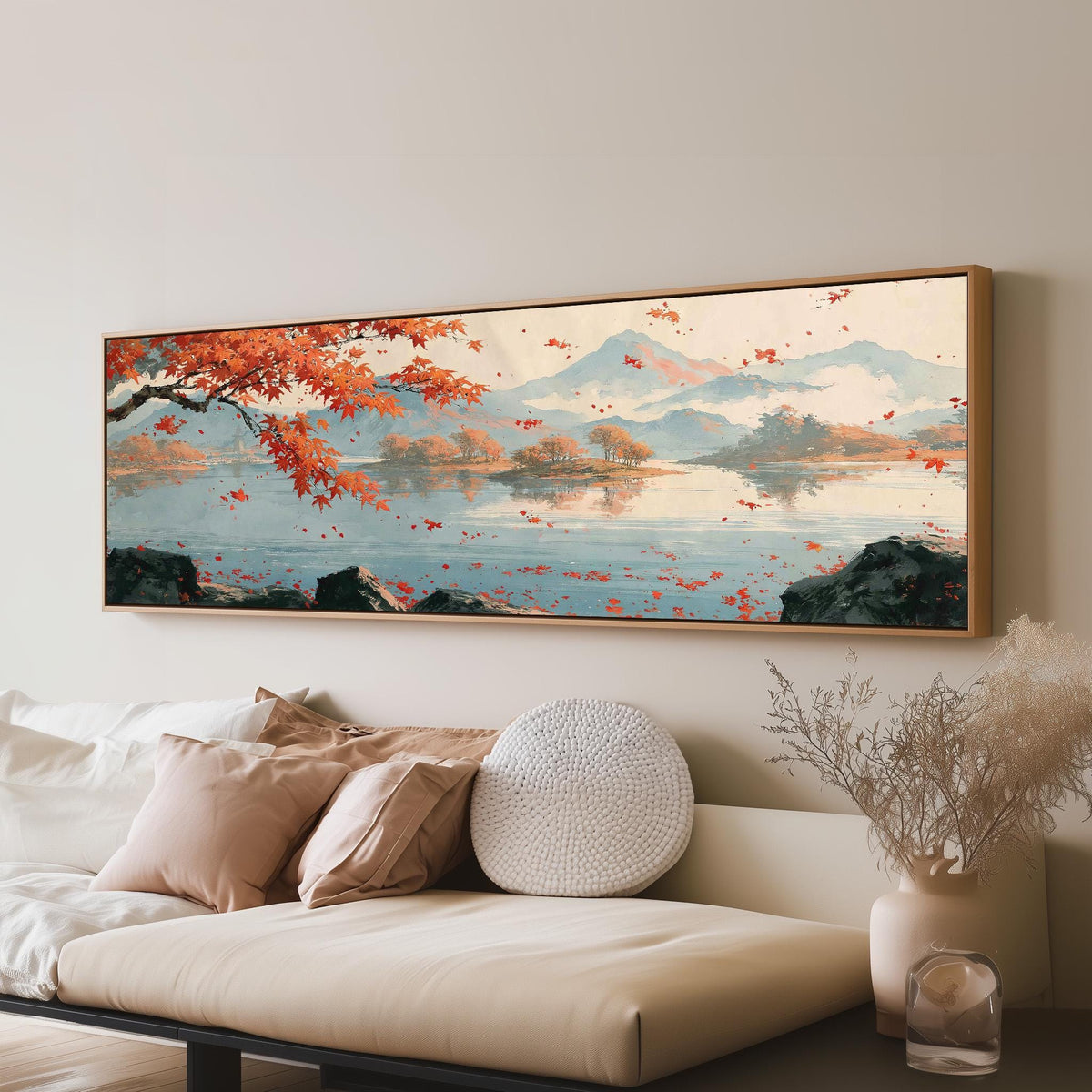 Japanese maple over a misty lake panoramic canvas print above a sofa in a living room