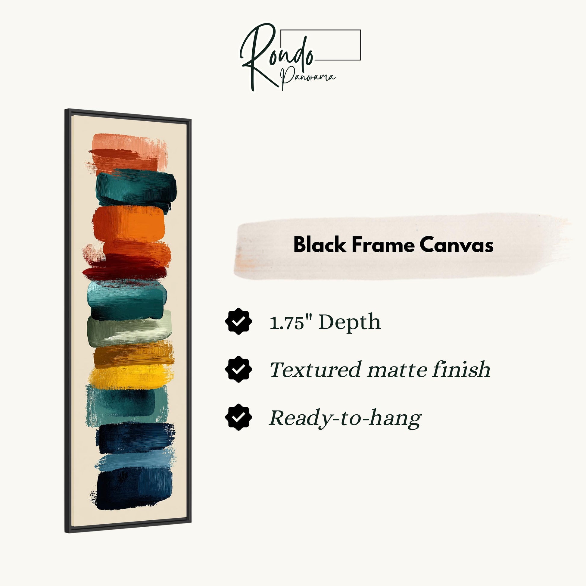 The image is a product advertisement for a black frame canvas. It features a vertical line of different colored paint strokes, with a description of the product's features and a price.