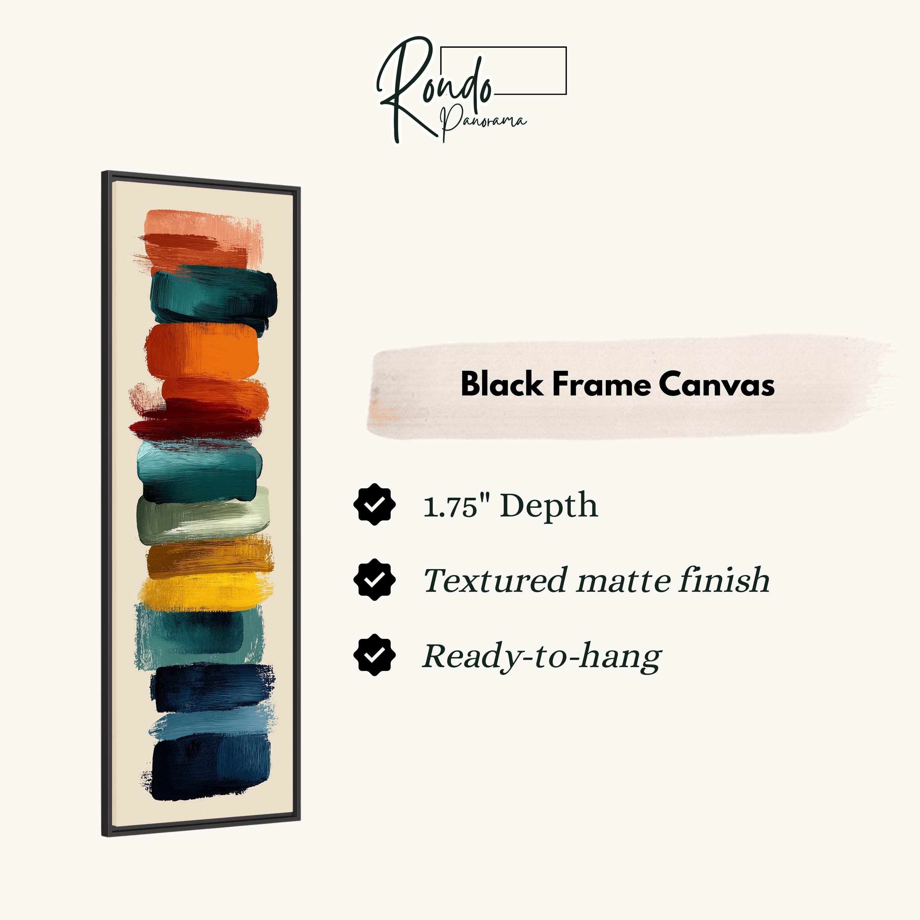 The image is a product advertisement for a black frame canvas. It features a vertical line of different colored paint strokes, with a description of the product's features and a price.