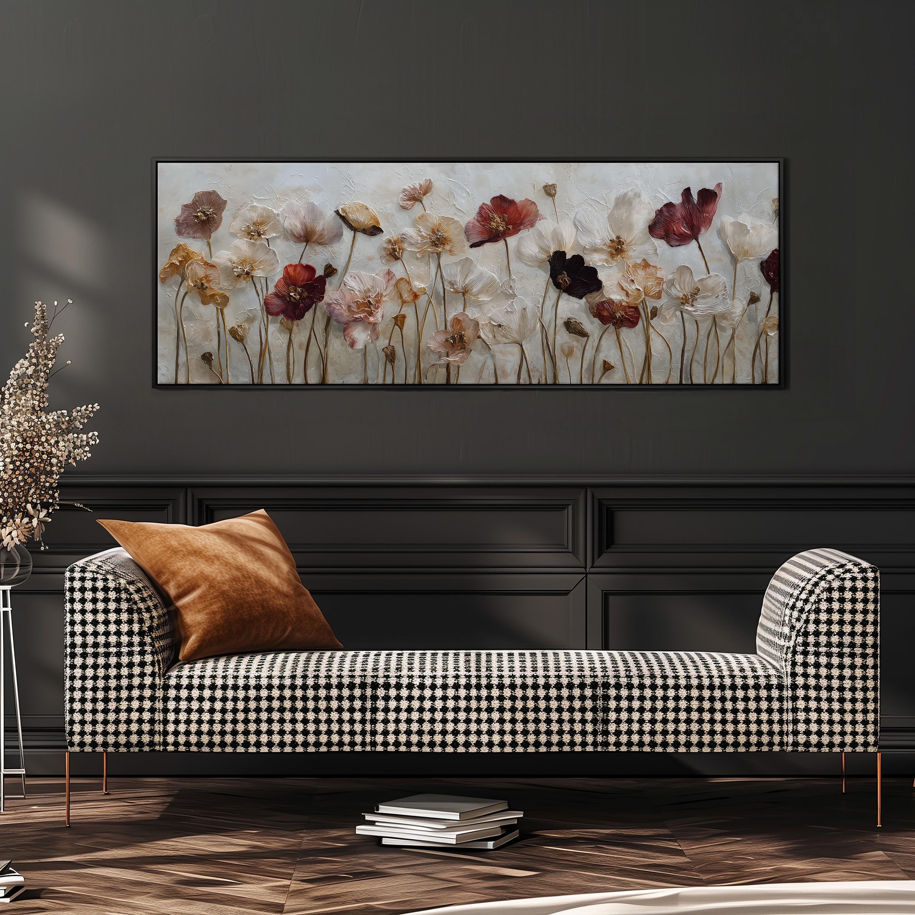 a black and white checkered sofa with a brown throw pillow, set against a dark wall with a large framed painting of flowers hanging above it.