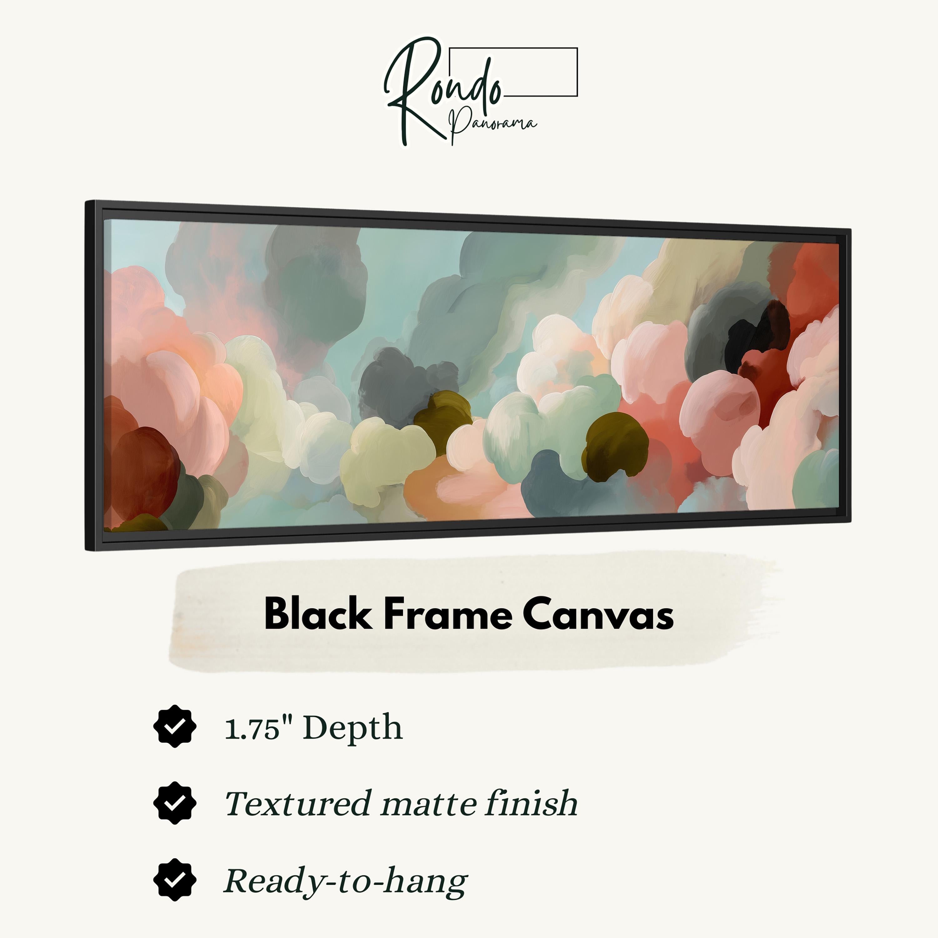The image is a black frame canvas with a textured matte finish, measuring 1.75" in depth. It is ready to hang and has a textured matte finish.