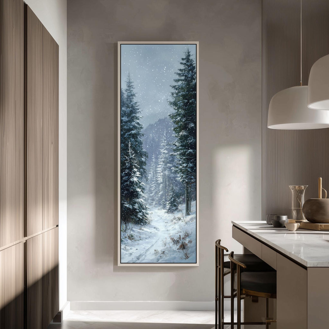 a large, framed painting of a snowy forest scene hanging on a wall in a modern, minimalist kitchen.