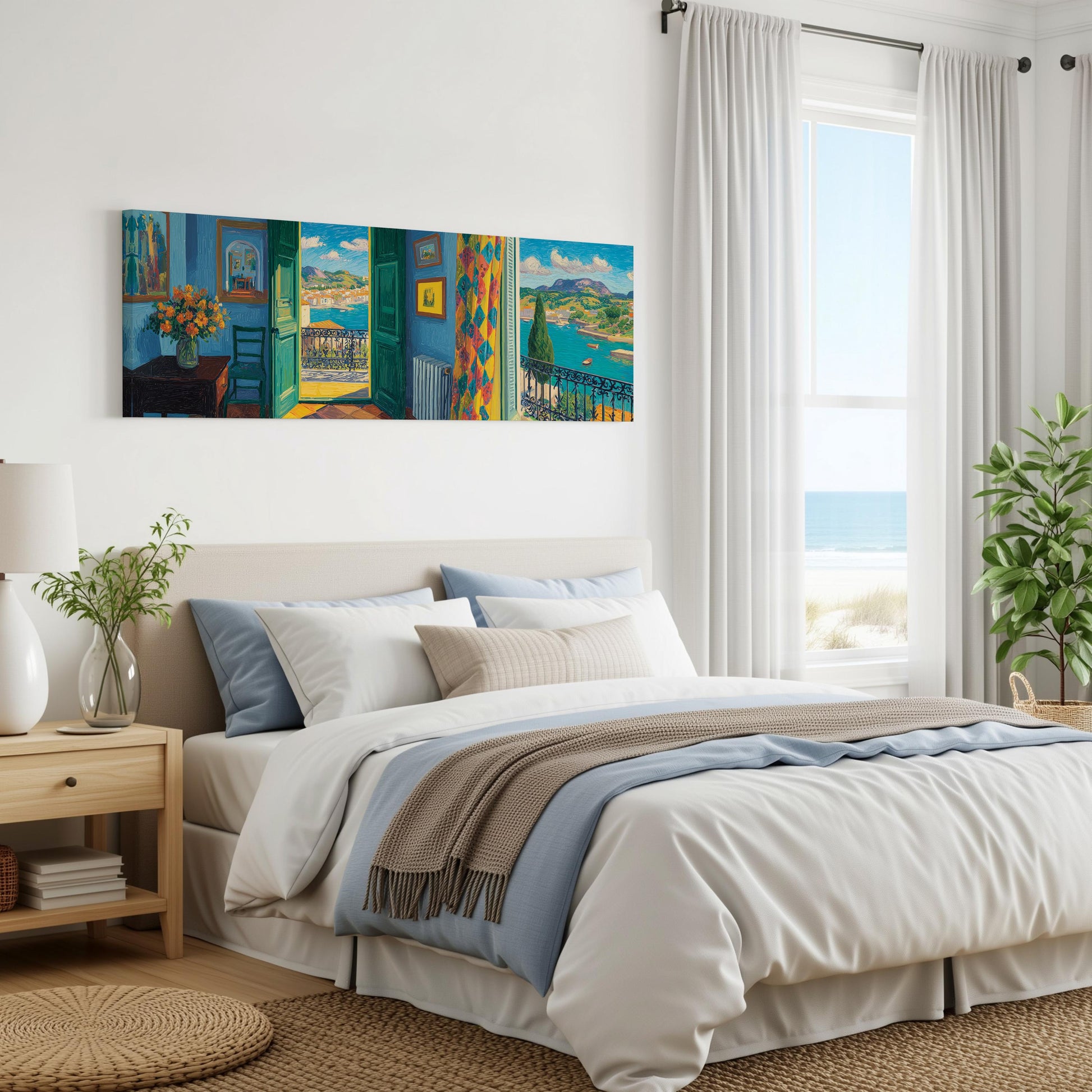 a serene bedroom with a large bed, a nightstand, and a painting of a colorful coastal scene hanging on the wall.