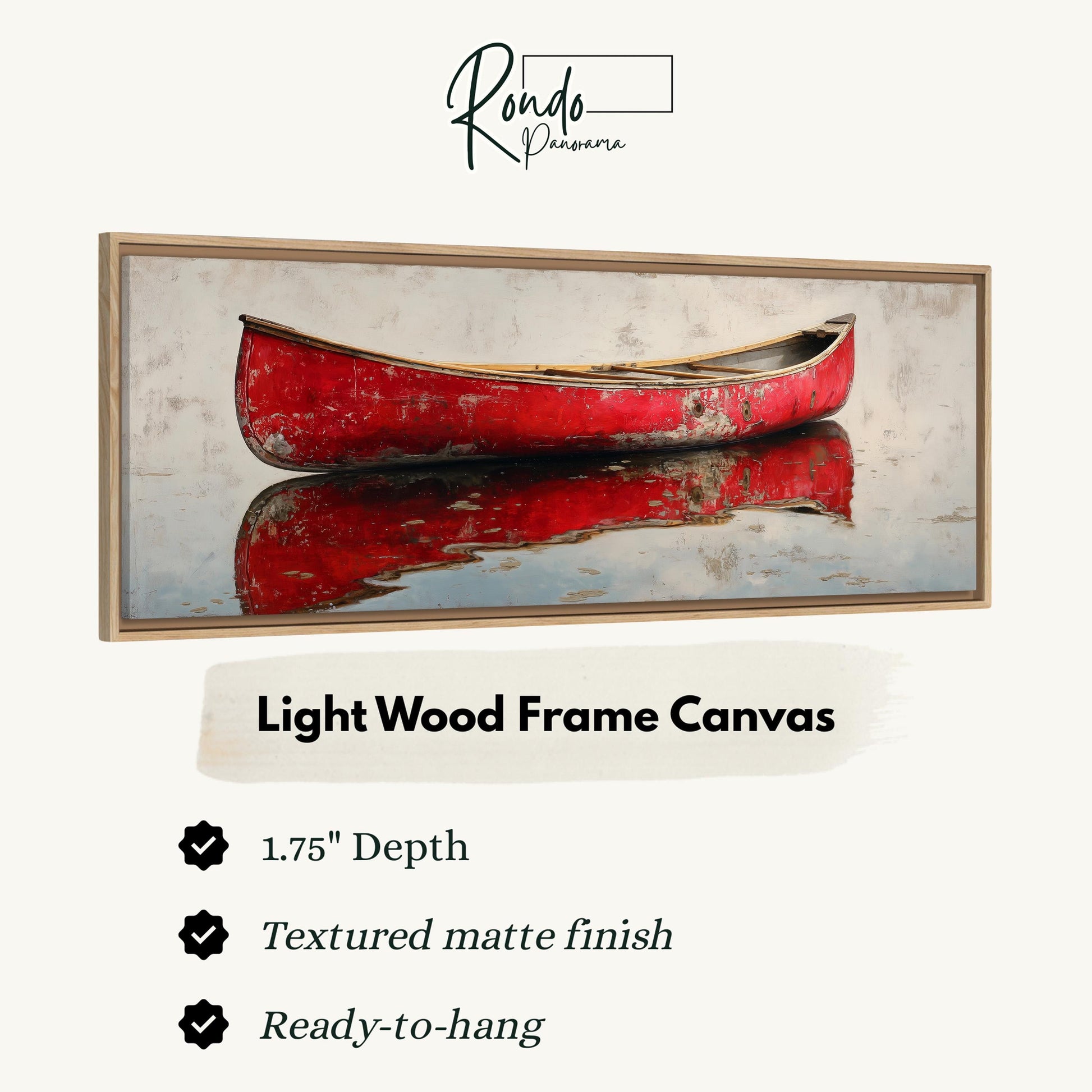 a red canoe on a calm body of water, with a light wood frame canvas hanging above it.