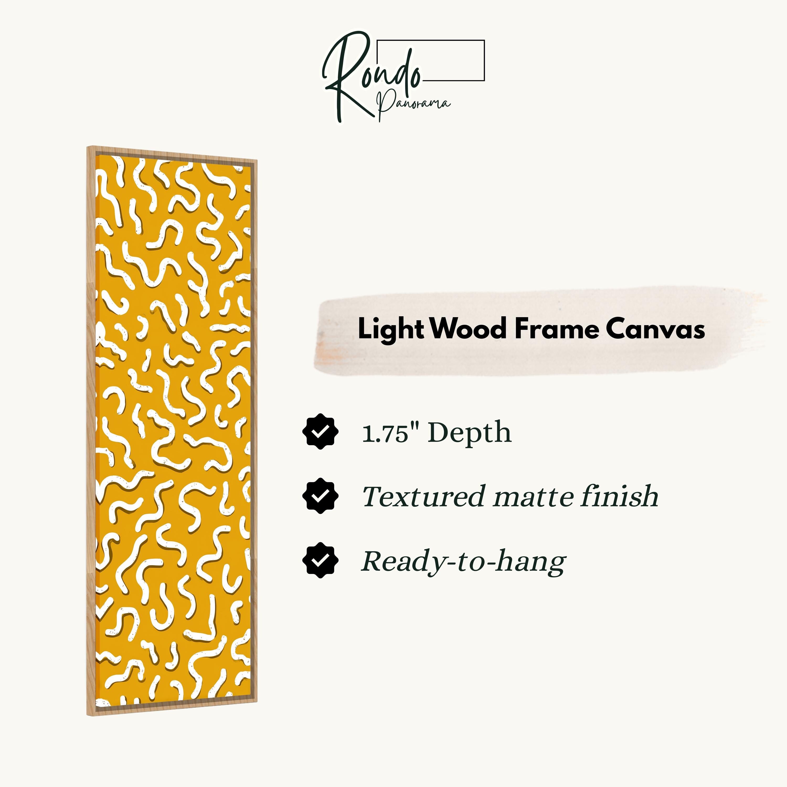 The image is a product description for a light wood frame canvas. It features a yellow and white patterned design and provides details about the product, including its dimensions, finish, and hanging capabilities.