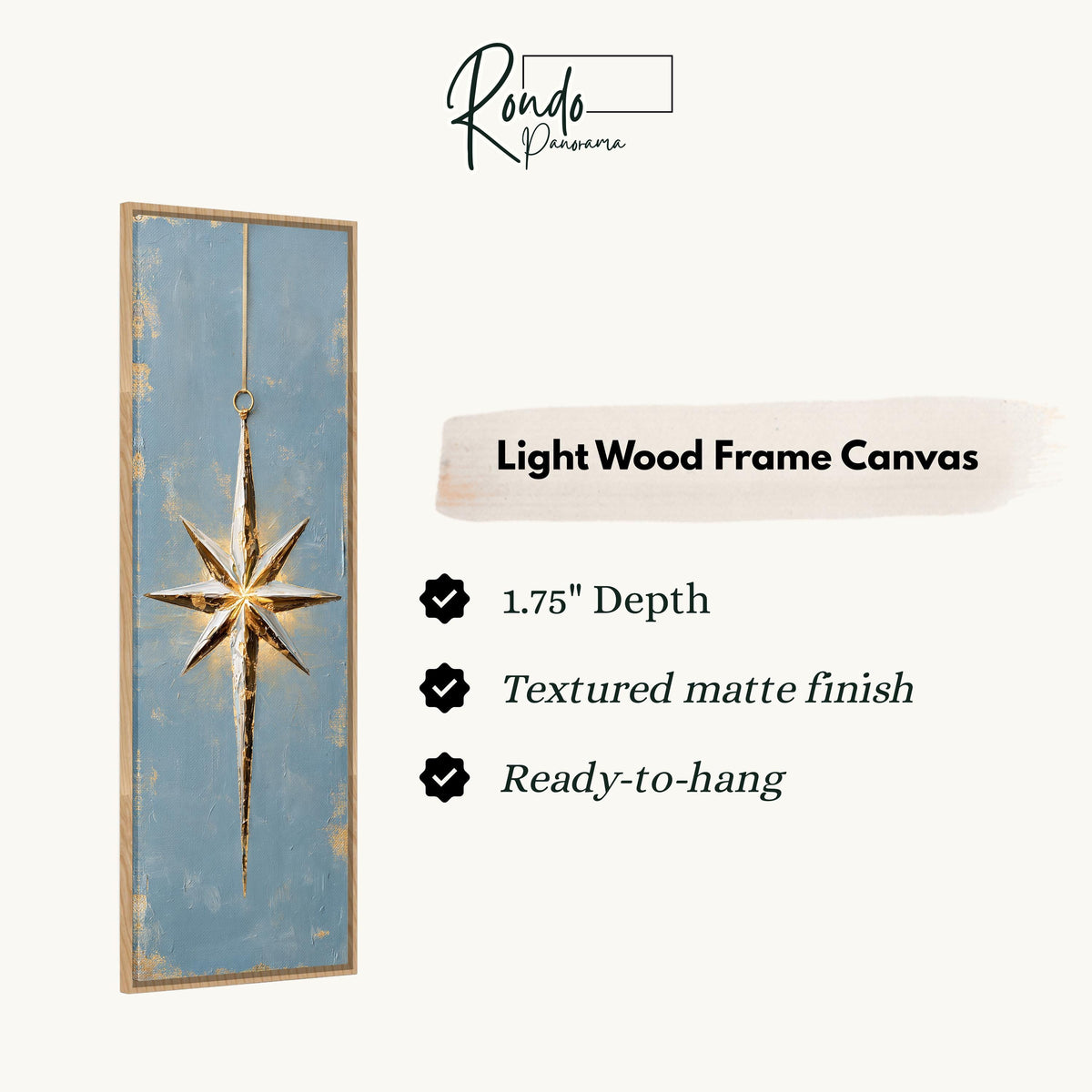 Gold and silver star ornament on blue canvas print in a light wood floating frame