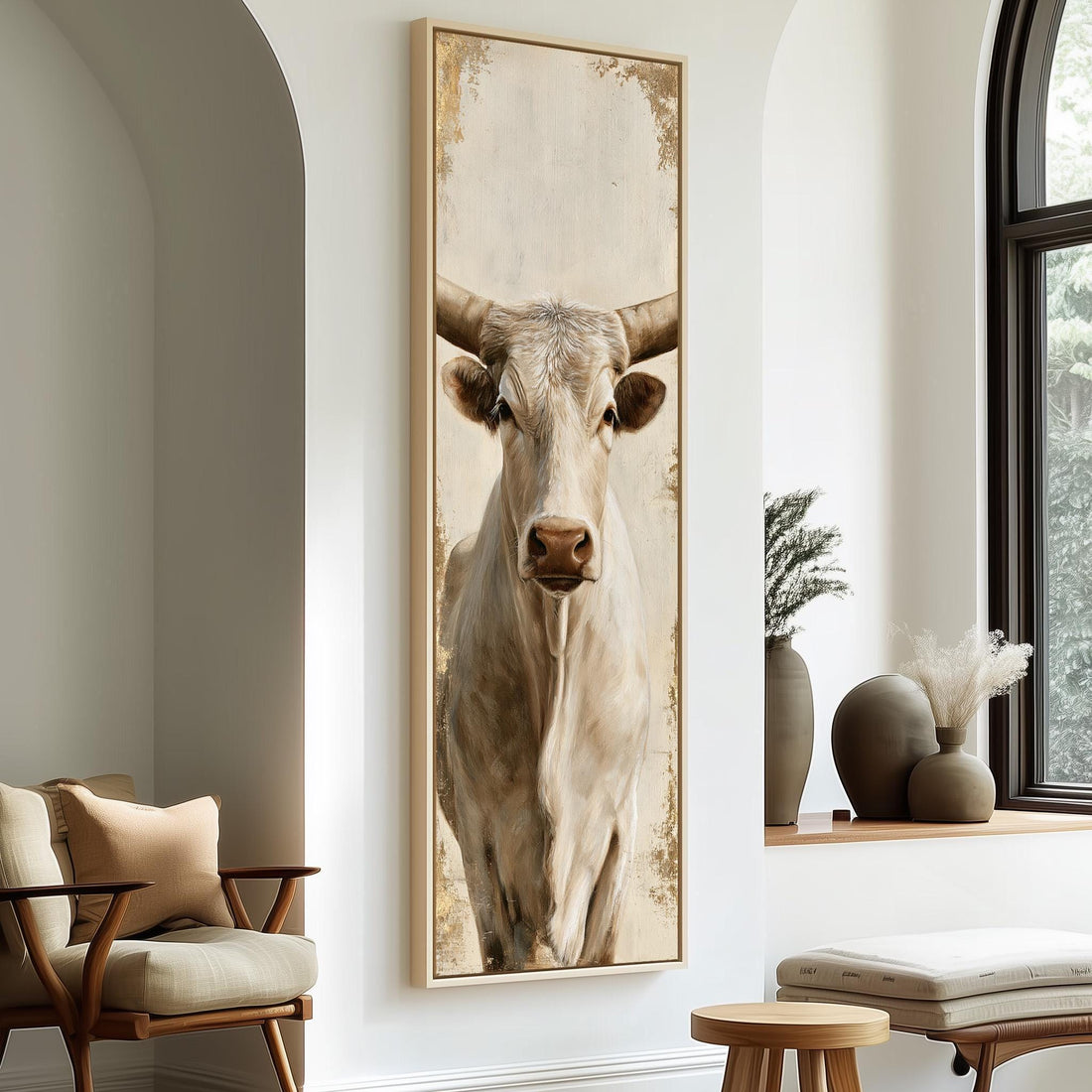 Cream longhorn cow portrait long vertical canvas print in a sunlit living space