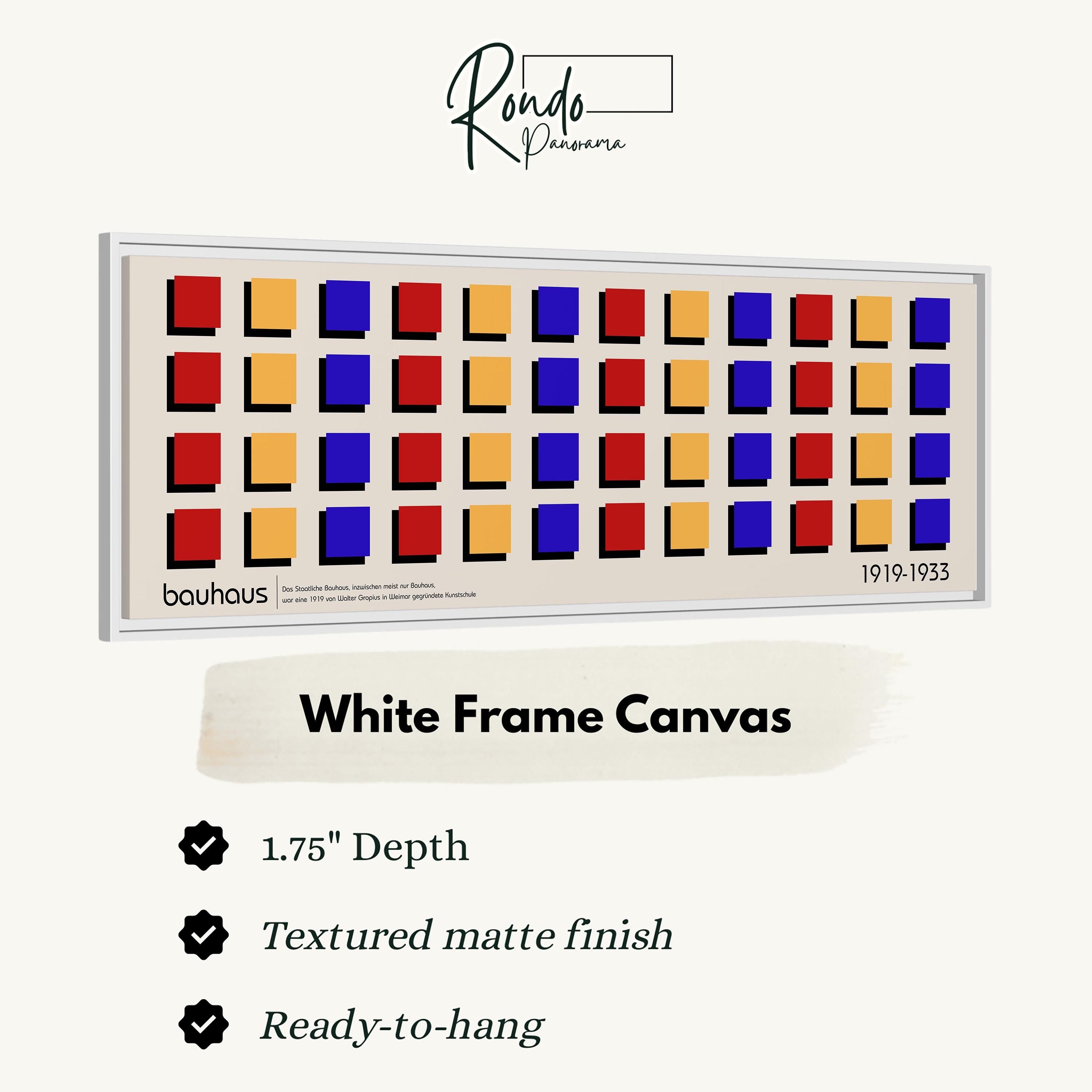 The image is a framed canvas with a white background and a grid of colorful squares. The text below the canvas provides information about the frame, including its dimensions, finish, and hanging capabilities.