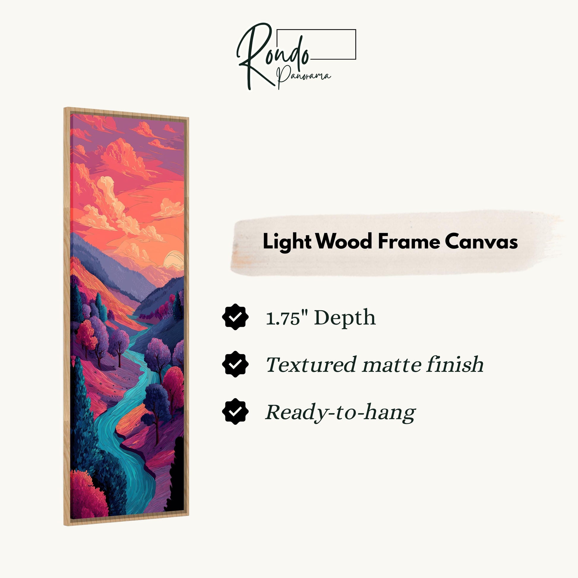The image is a light wood frame canvas depicting a colorful landscape with a river and mountains.