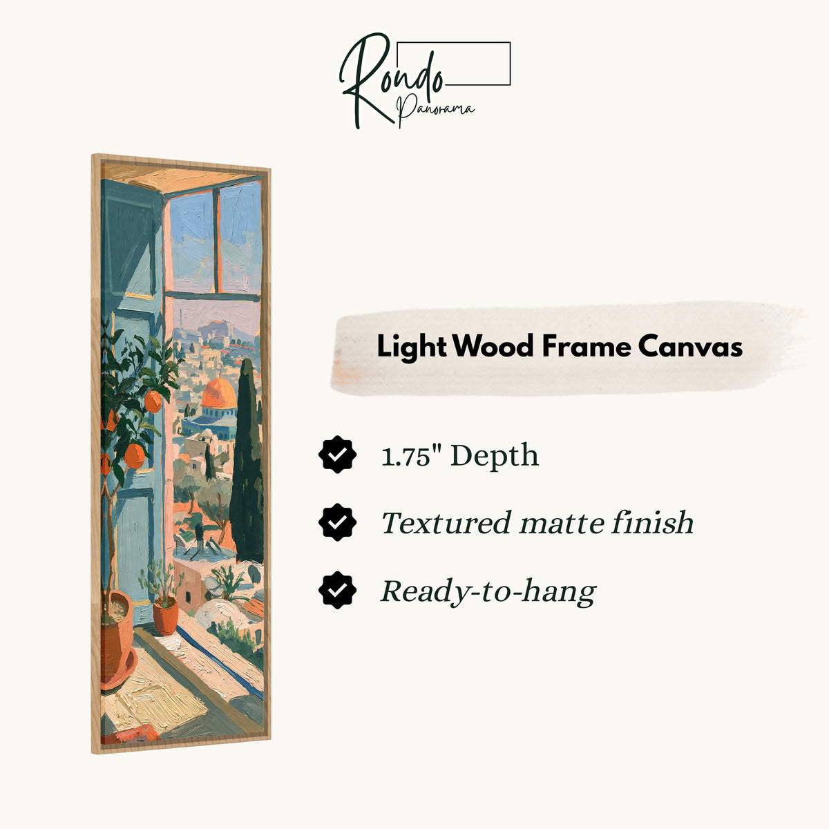 Window view over an old city with an orange tree canvas print in a light wood floating frame