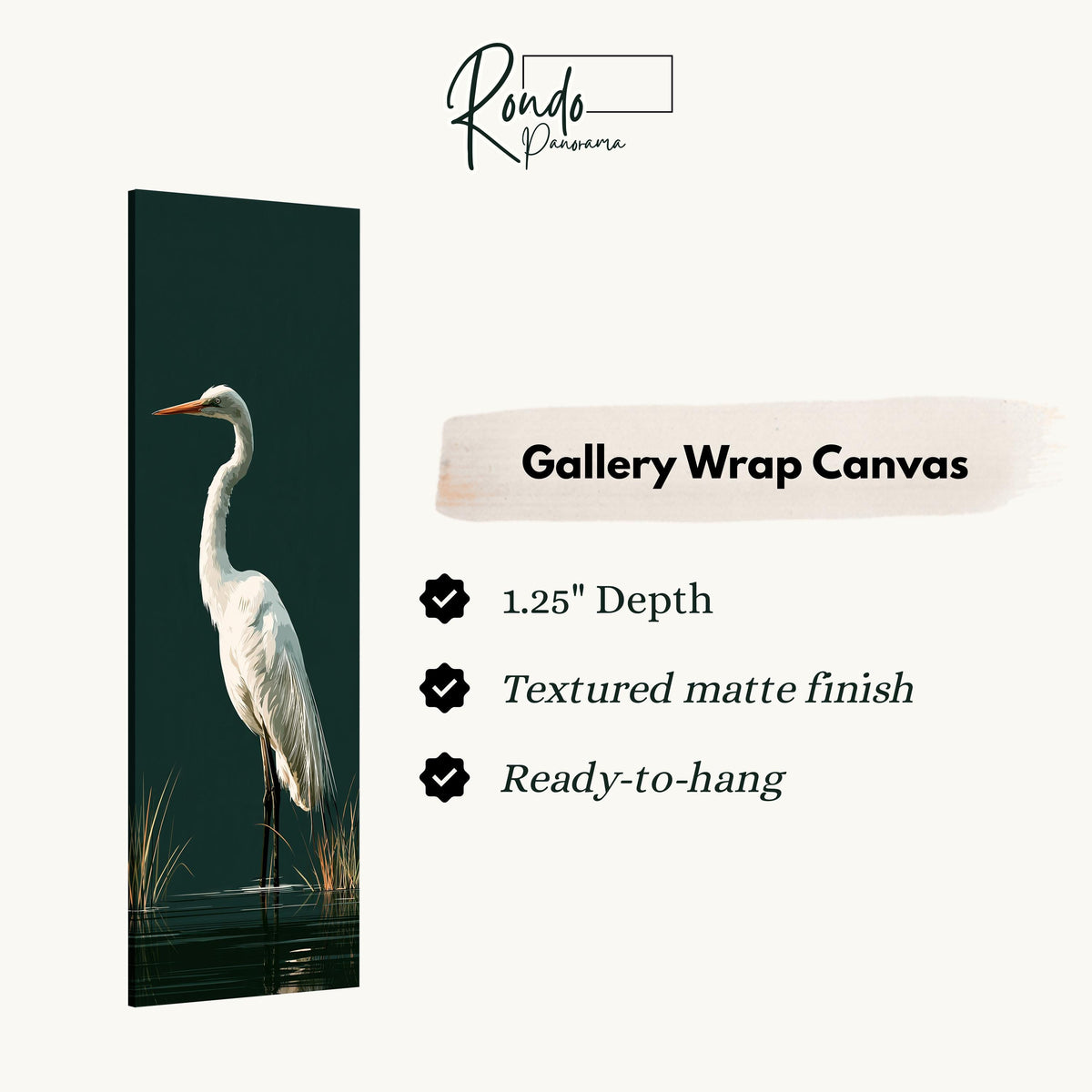 Great egret standing on dark green gallery wrap canvas with the image wrapped around the edges