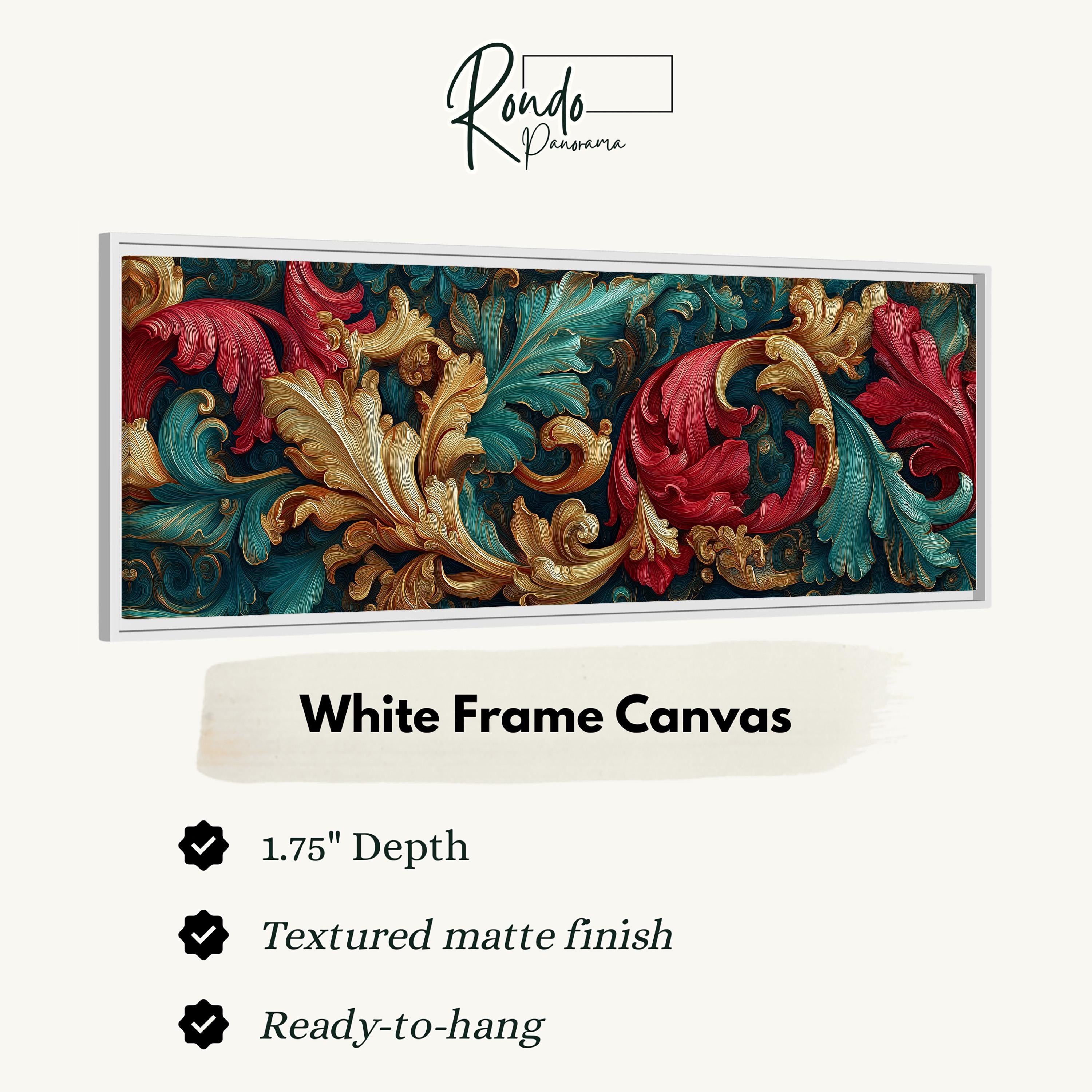 a white frame canvas with a detailed, ornate floral design in shades of red, green, and gold. The frame has a 1.75" depth and is textured with a matte finish, making it ready to hang.
