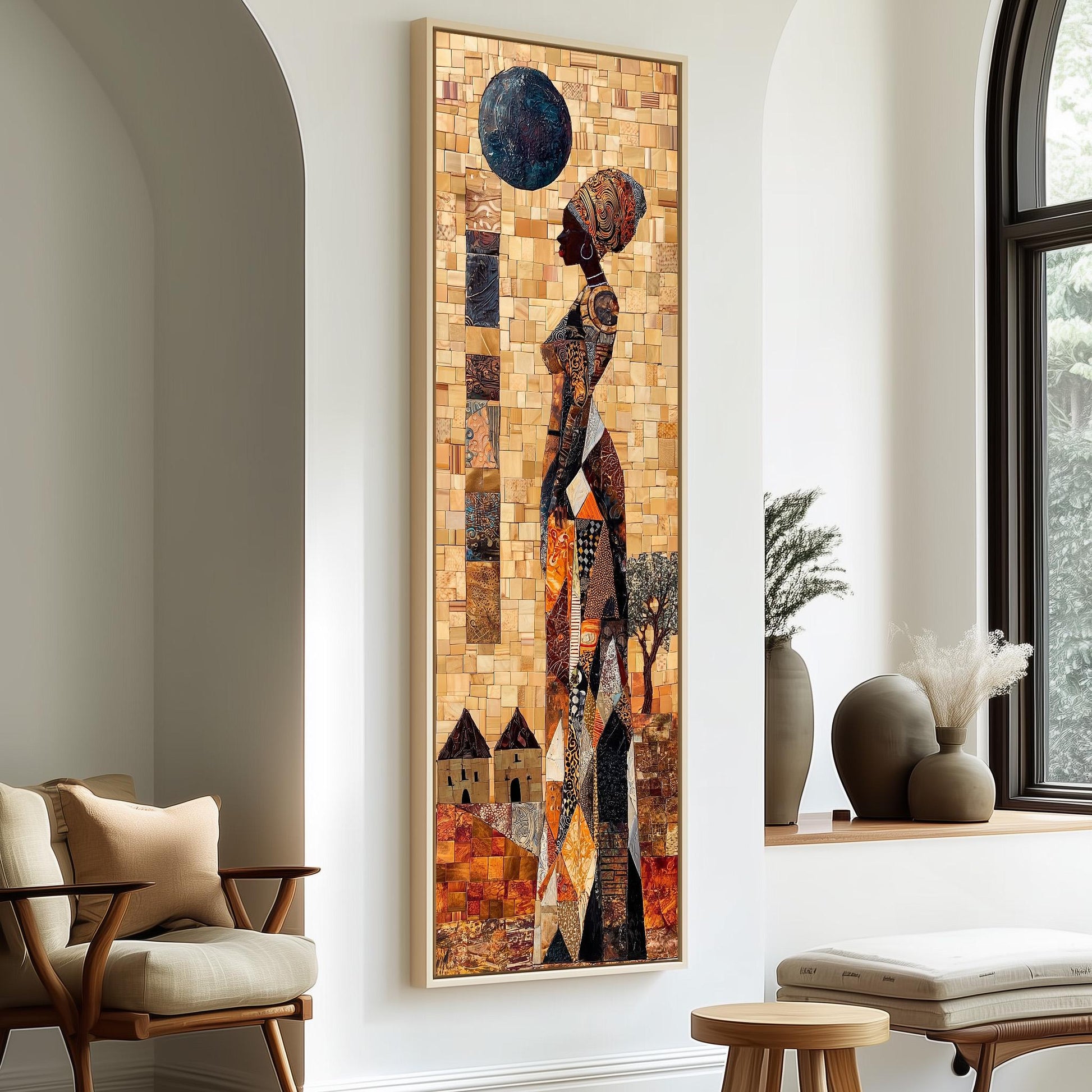 a large, colorful mosaic artwork depicting a woman standing in front of a window, with a vase of flowers and a wooden stool nearby.
