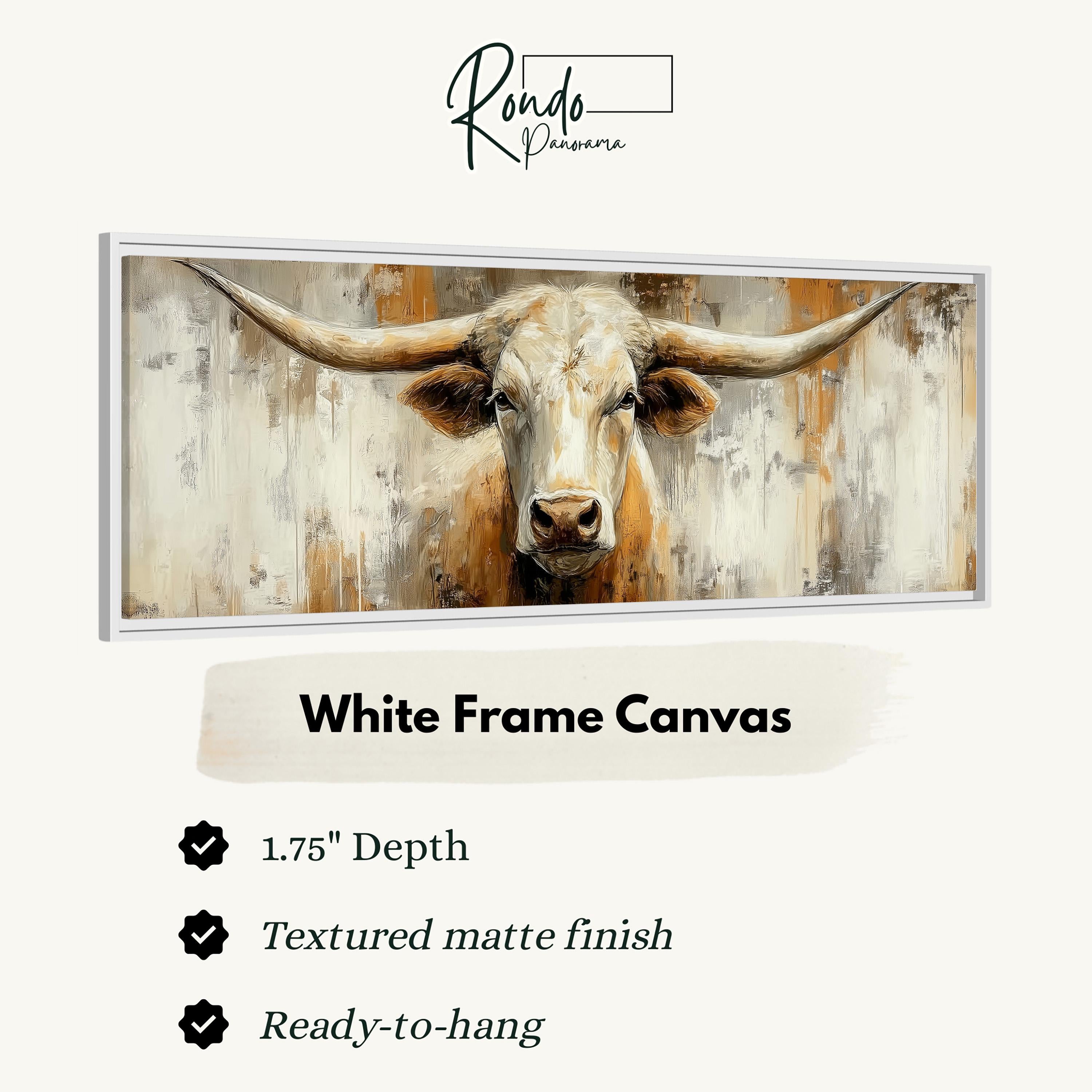 The image is a framed artwork depicting a close-up of a bull's head with long horns.