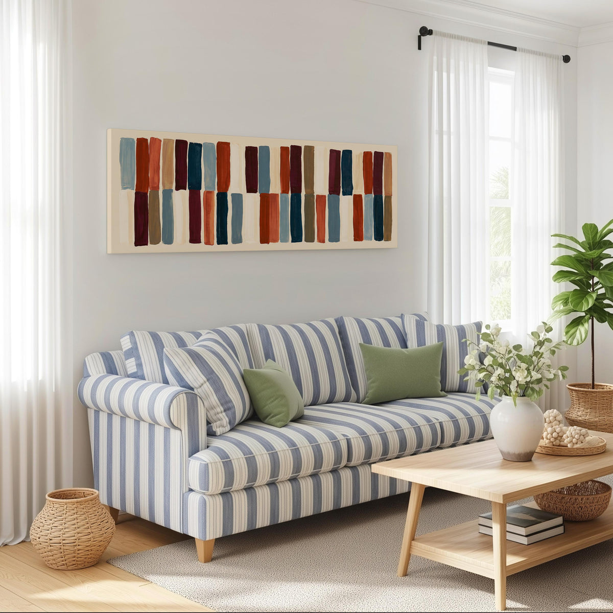 Two tiers of staggered stripe blocks long horizontal canvas print above a striped sofa in a coastal living room