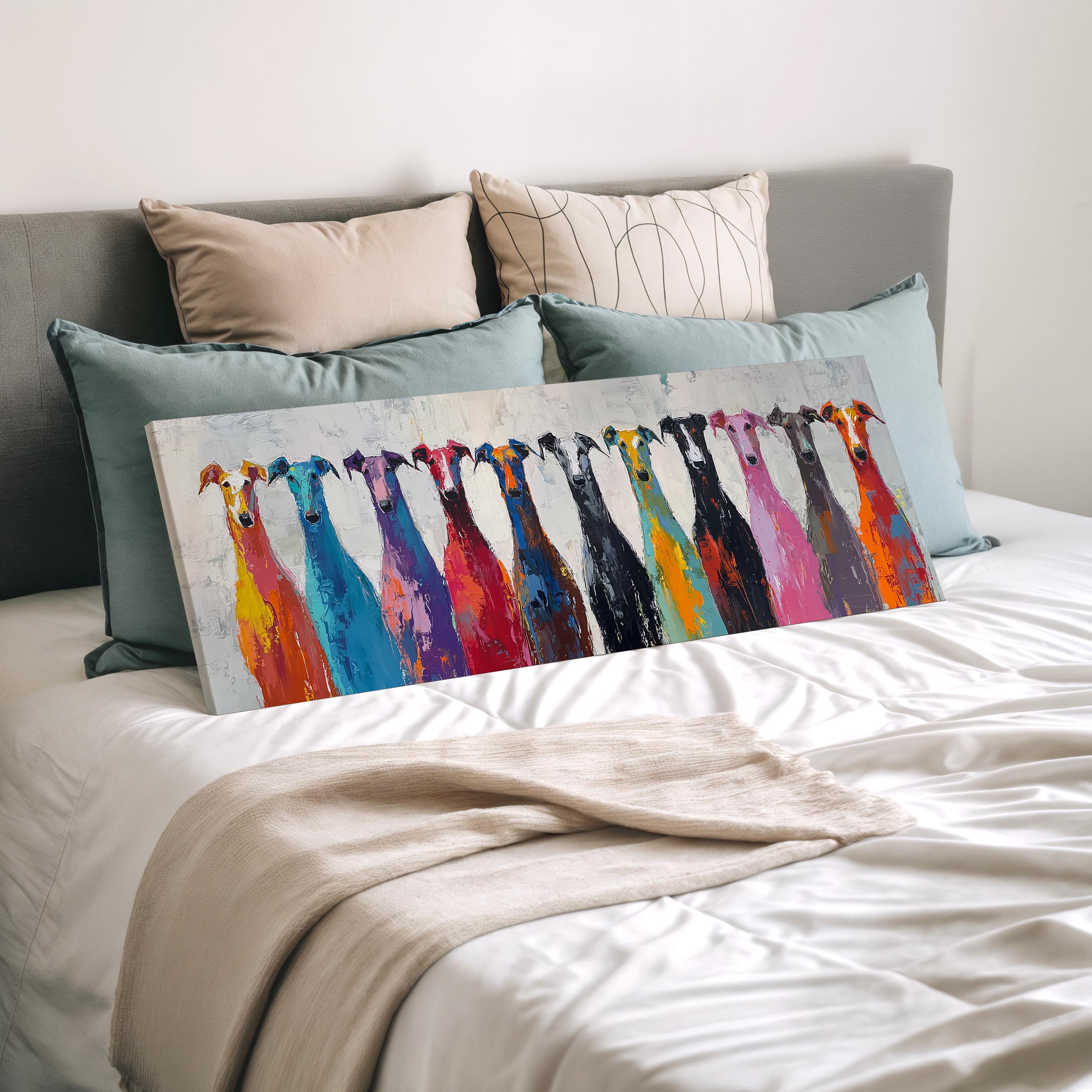 a large, colorful painting of a group of dogs on a bed, with a gray headboard and pillows in the background.