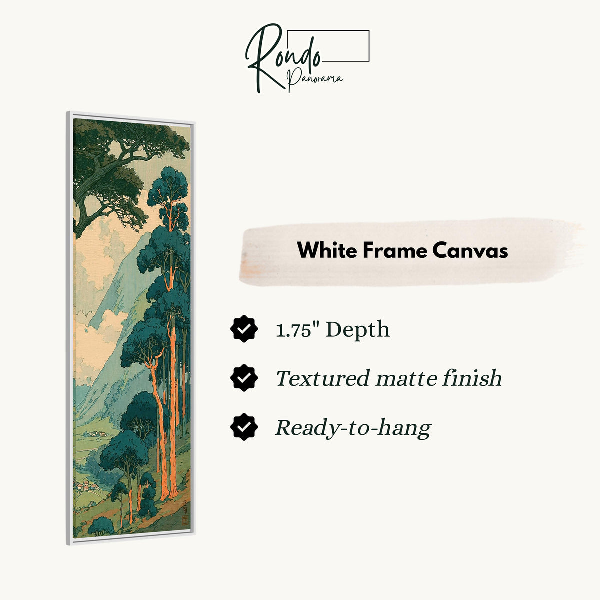Pine trees above a misty valley in a woodblock style canvas print in a white floating frame