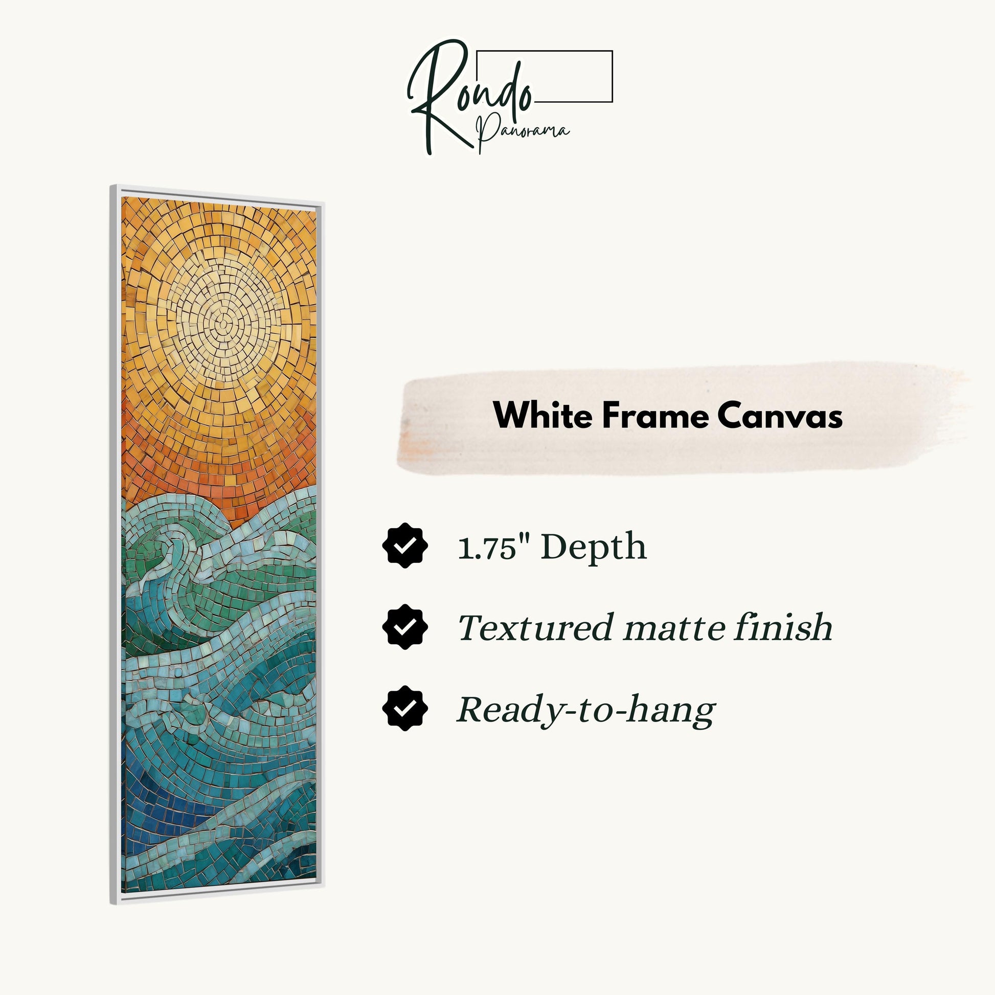 The image is a white frame canvas with a mosaic design depicting a sun and waves. The frame has a 1.75" depth, a textured matte finish, and is ready to hang.
