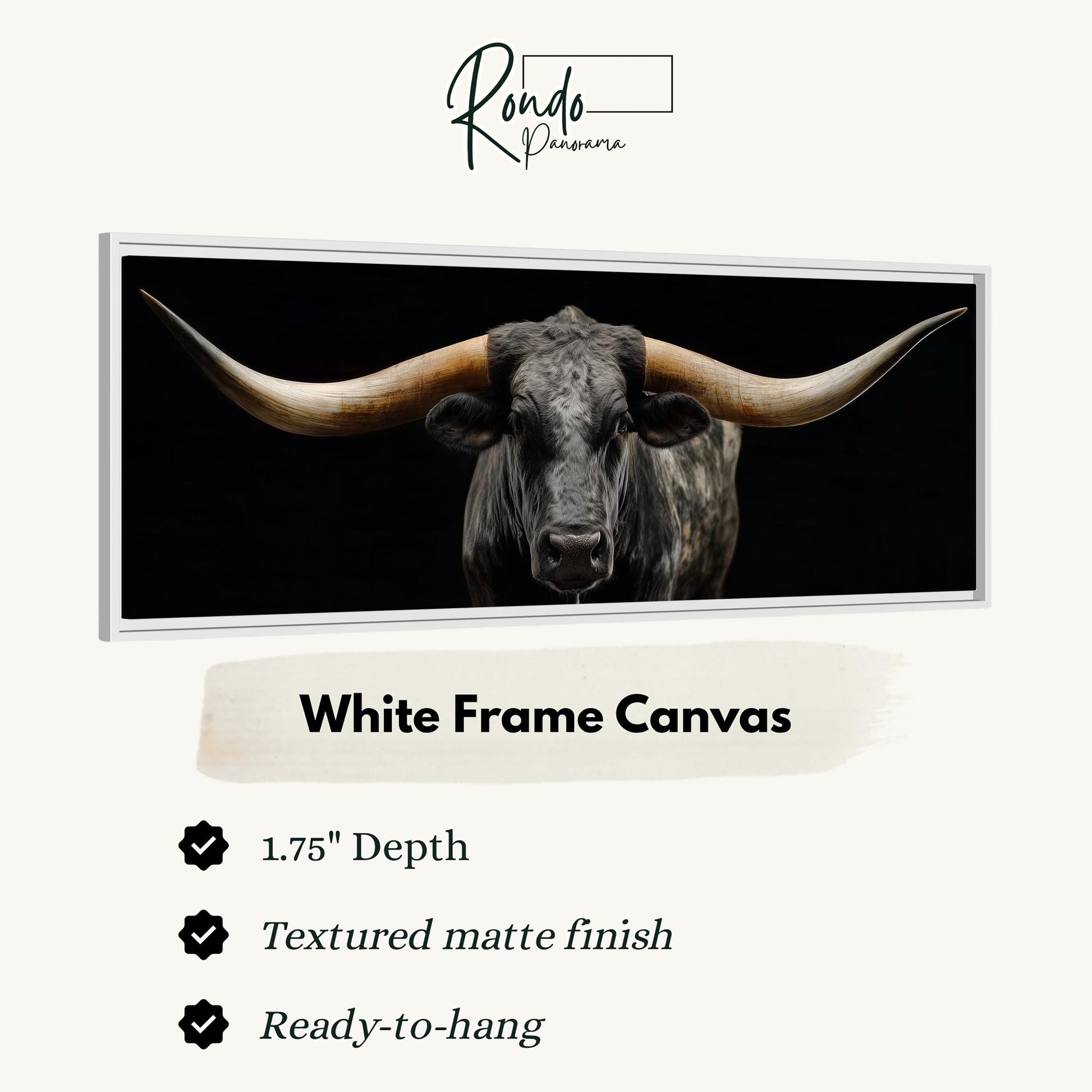 a close-up of a bull with large horns, and it is described as a "White Frame Canvas" with a "1.75" depth and a "Textured matte finish".