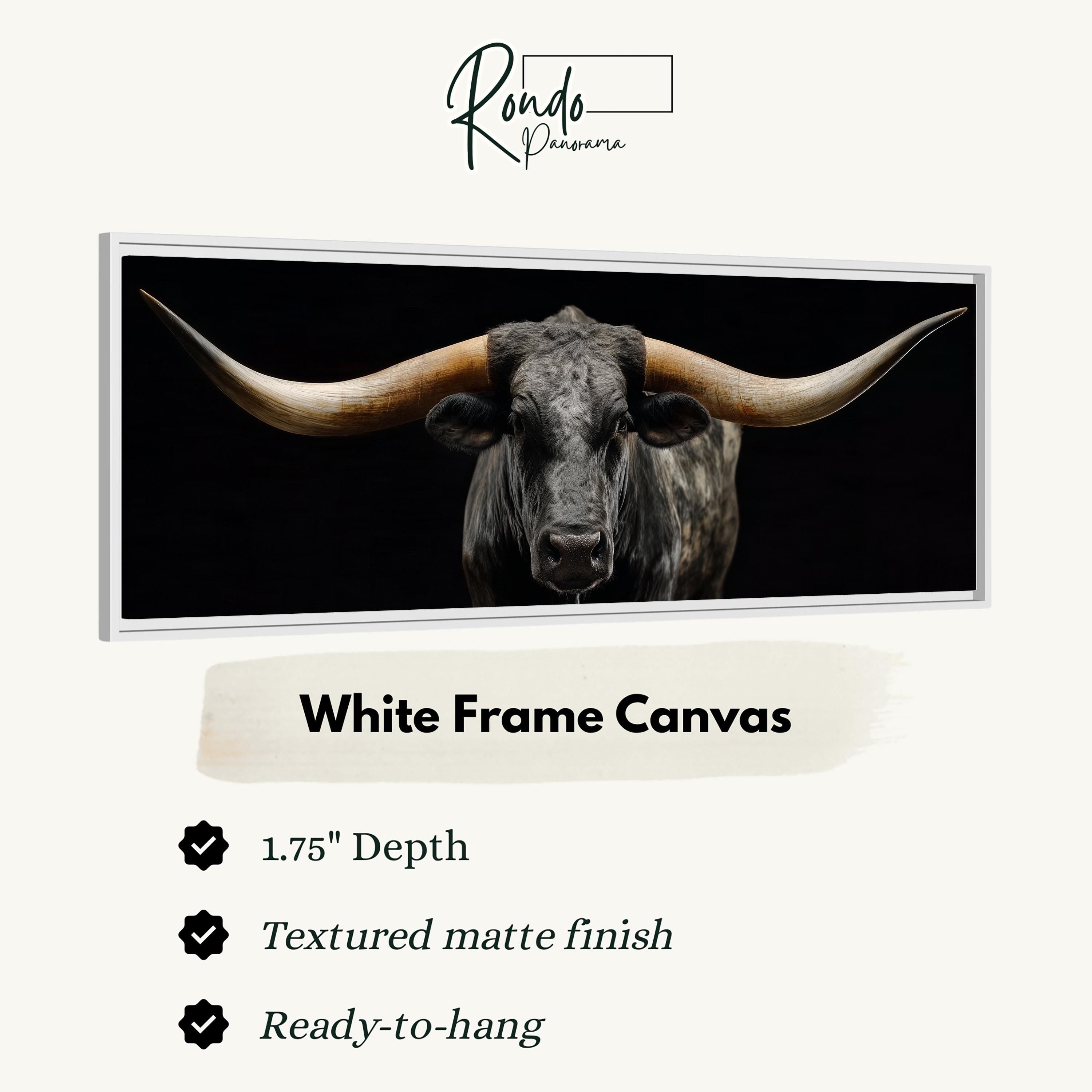 a close-up of a bull with large horns, and it is described as a "White Frame Canvas" with a "1.75" depth and a "Textured matte finish".
