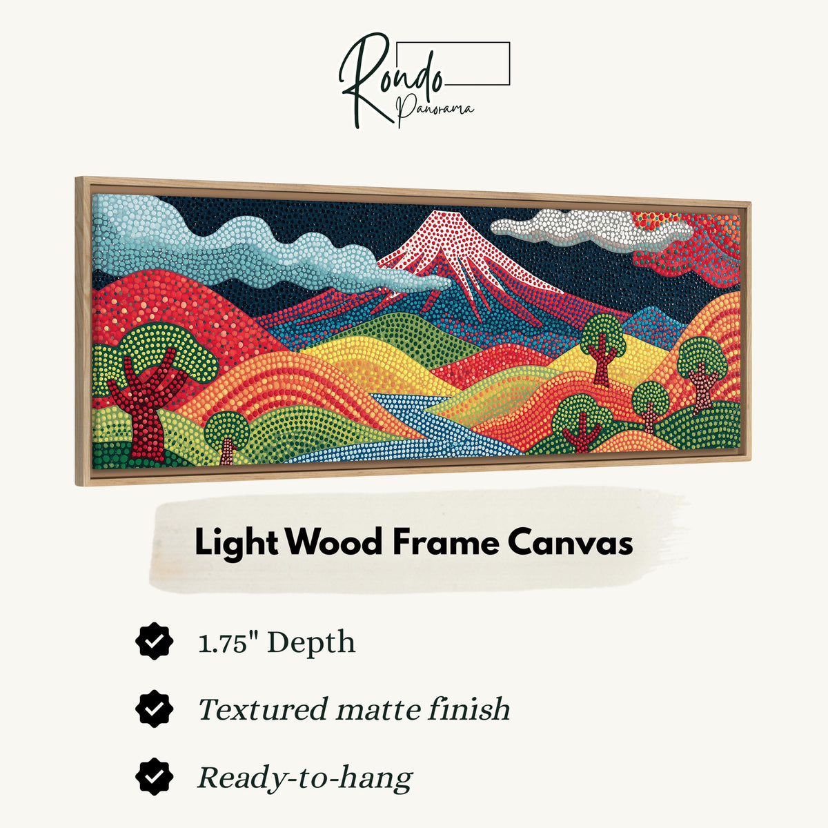 Mount Fuji above rainbow dotted hills canvas print in a light wood floating frame