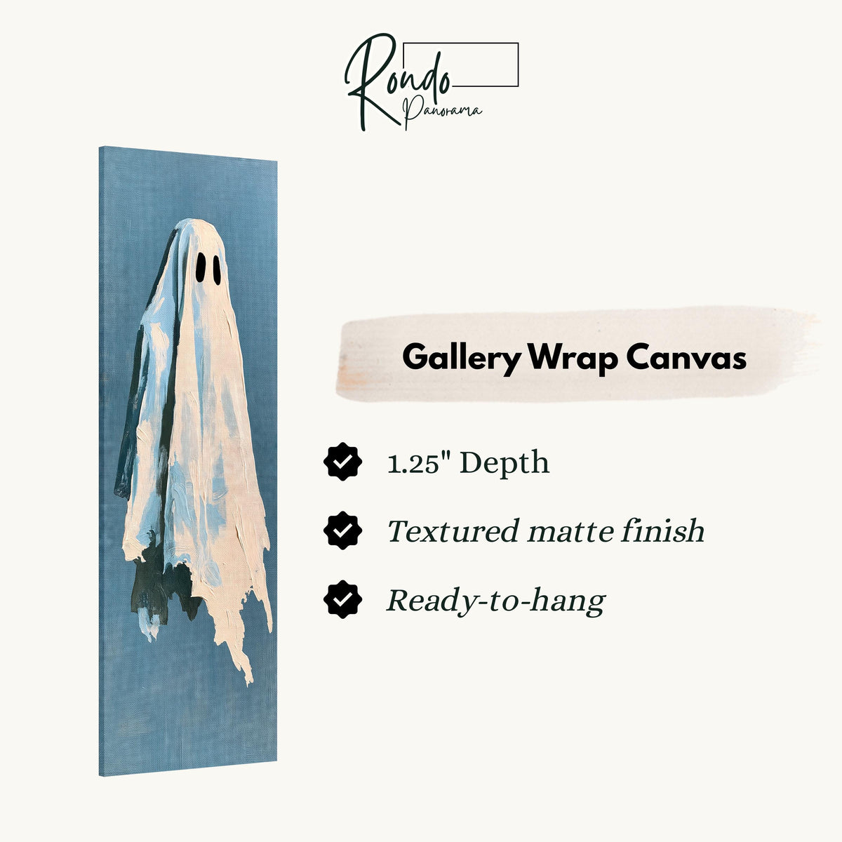 Folk art ghost on blue gallery wrap canvas with the image wrapped around the edges