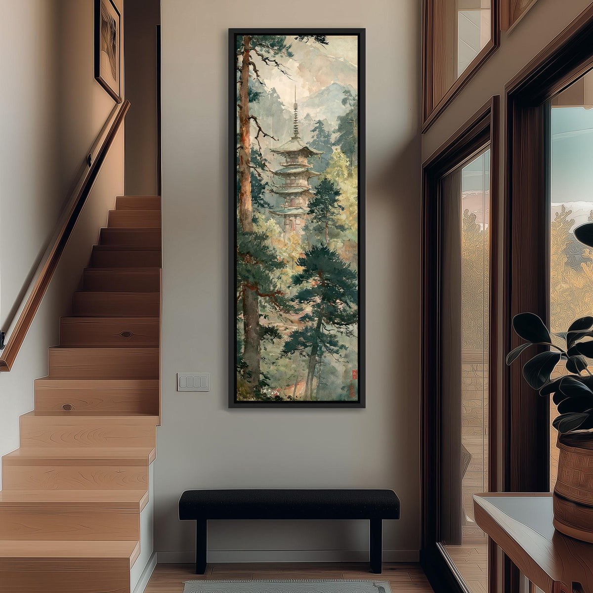 Pagoda in a misty pine forest tall narrow canvas print beside a staircase in an entryway