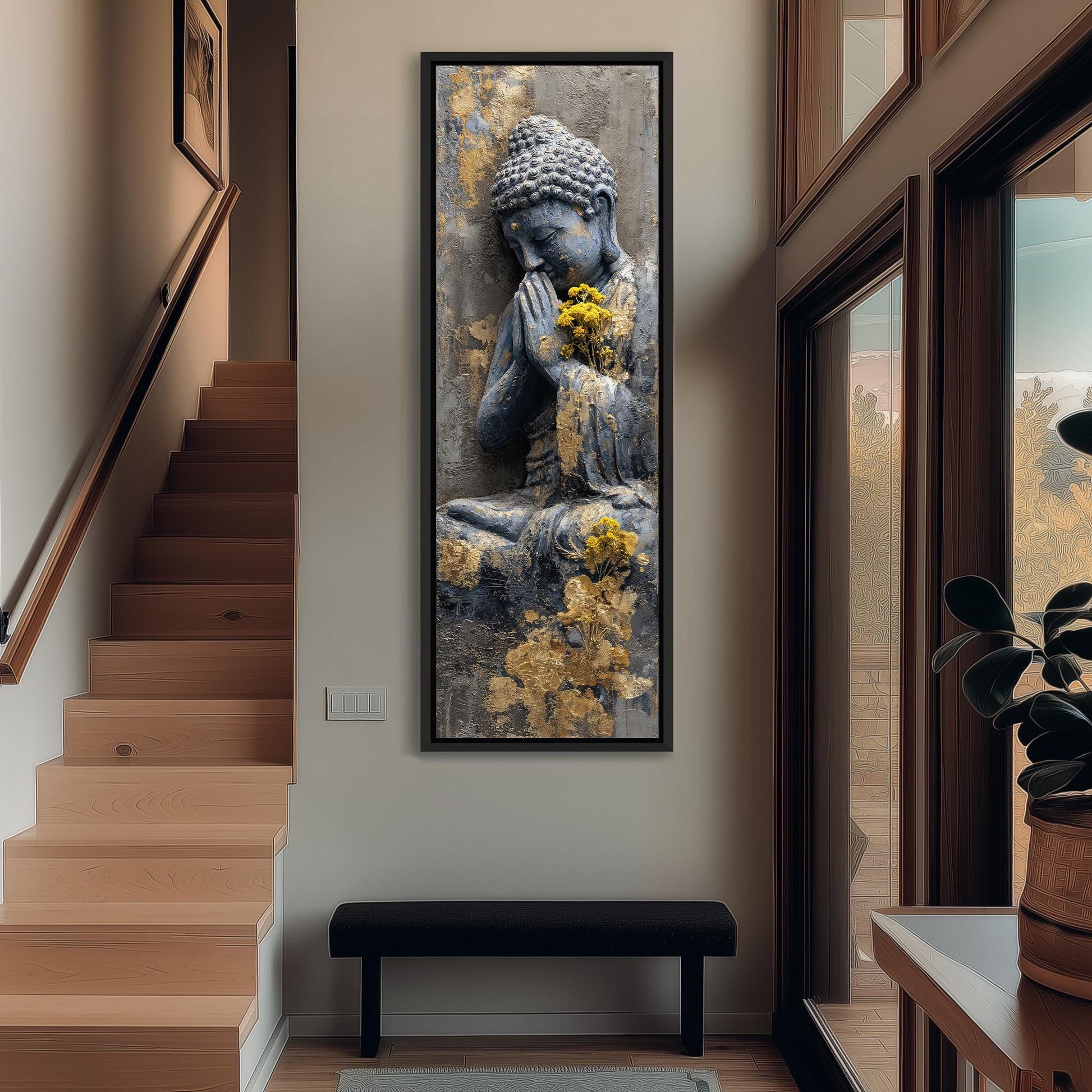 a large Buddha statue with a serene expression, surrounded by a lush green plant and a wooden staircase.