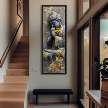 a large Buddha statue with a serene expression, surrounded by a lush green plant and a wooden staircase.