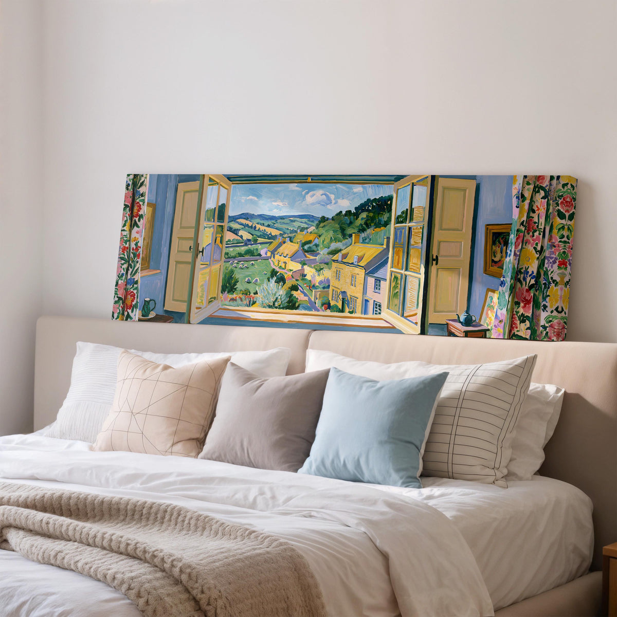 English countryside village through a window wide panoramic canvas print above a bed in a bedroom