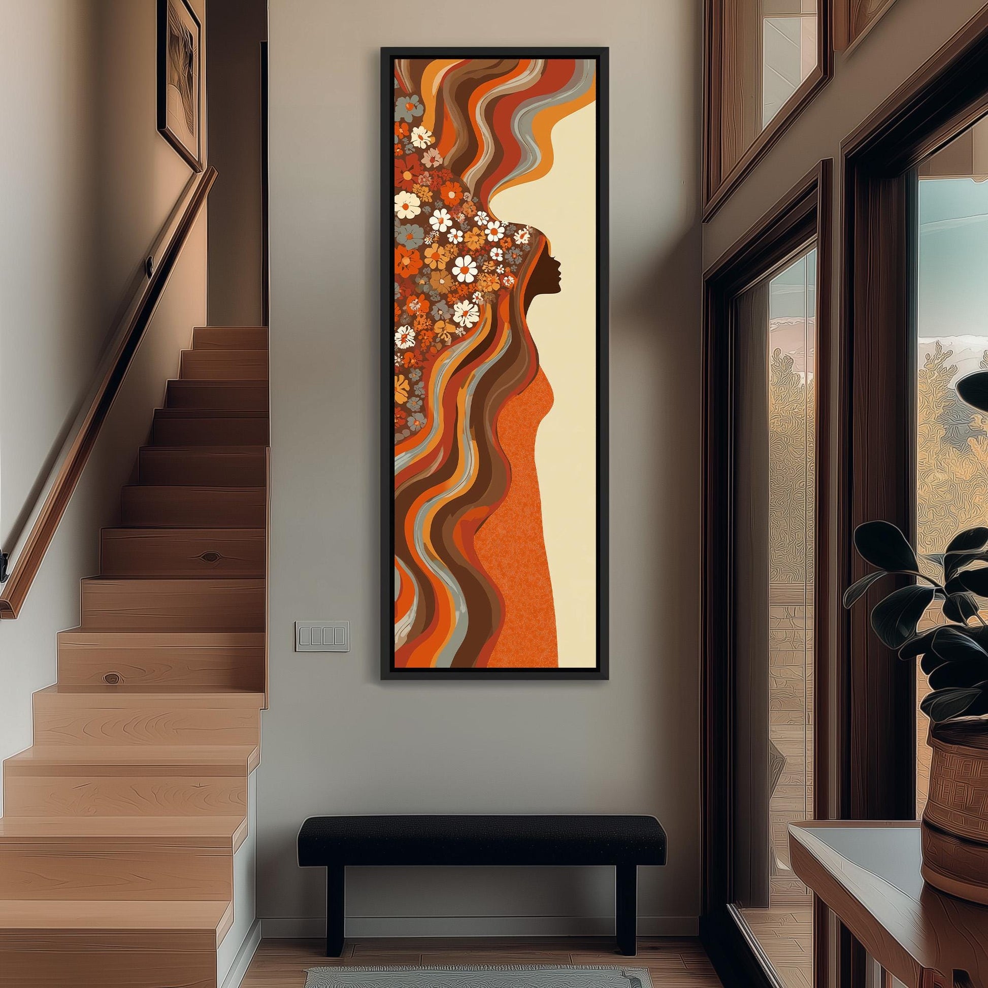 a large, colorful abstract painting hanging on the wall of a hallway. The painting depicts a woman's face with a floral design, and the colors used are predominantly orange, yellow, and green. The hallway has a wooden staircase and a bench, creating a cozy and inviting atmosphere.