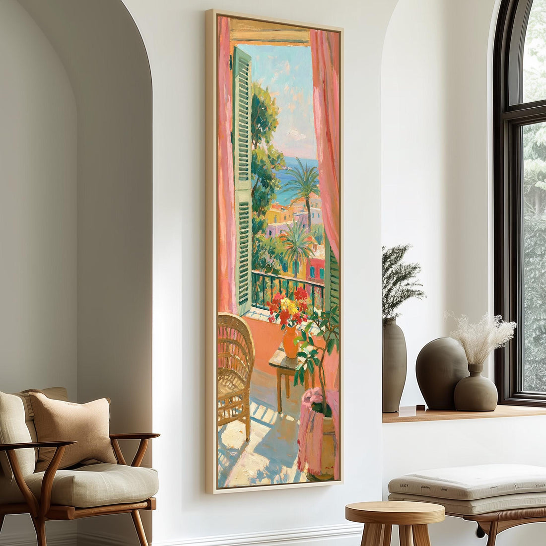 Sunny coastal balcony with breakfast and flowers long vertical canvas print in a sunlit living space
